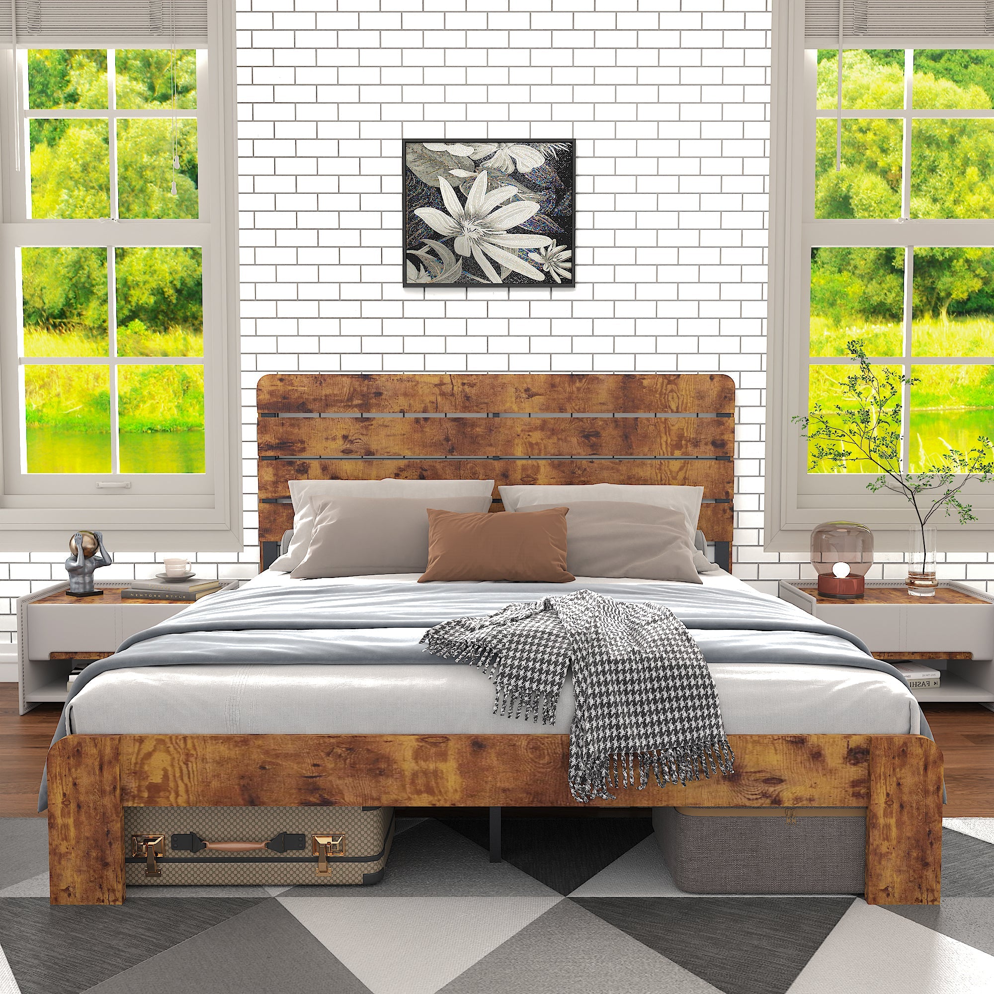 Logidon houten tweepersoonsbed 180x200 bruin antieke stijl met ijzeren lattenbodem