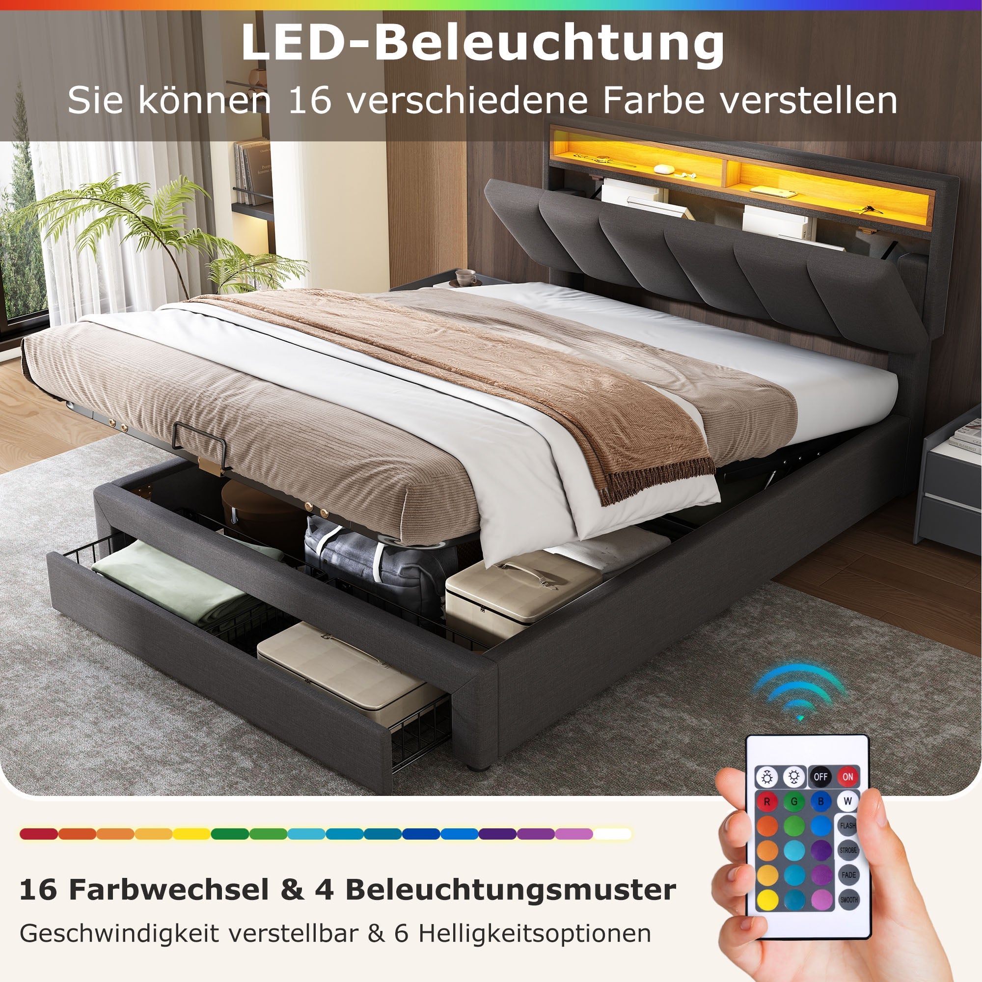 Logidon gestoffeerd bed 140x200 grijs met LED verlichting en opbergruimte