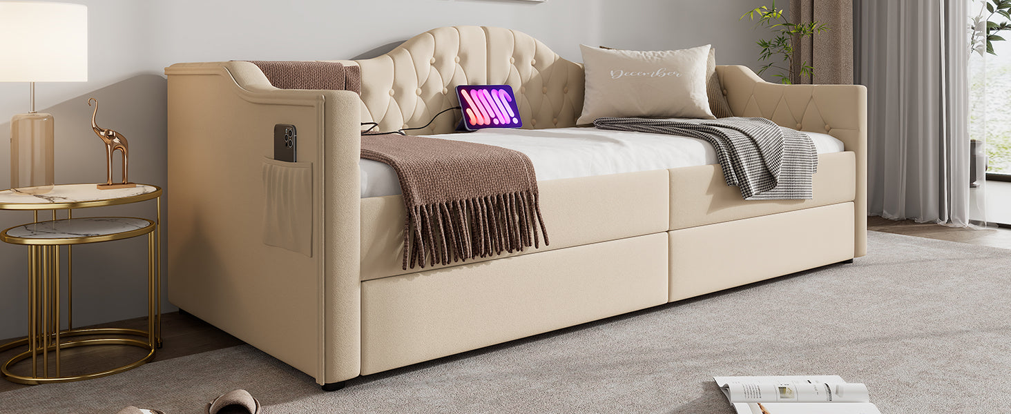 Logidon gestoffeerde slaapbank 90x200 beige USB-oplaadfunctie 2 compartimenten
