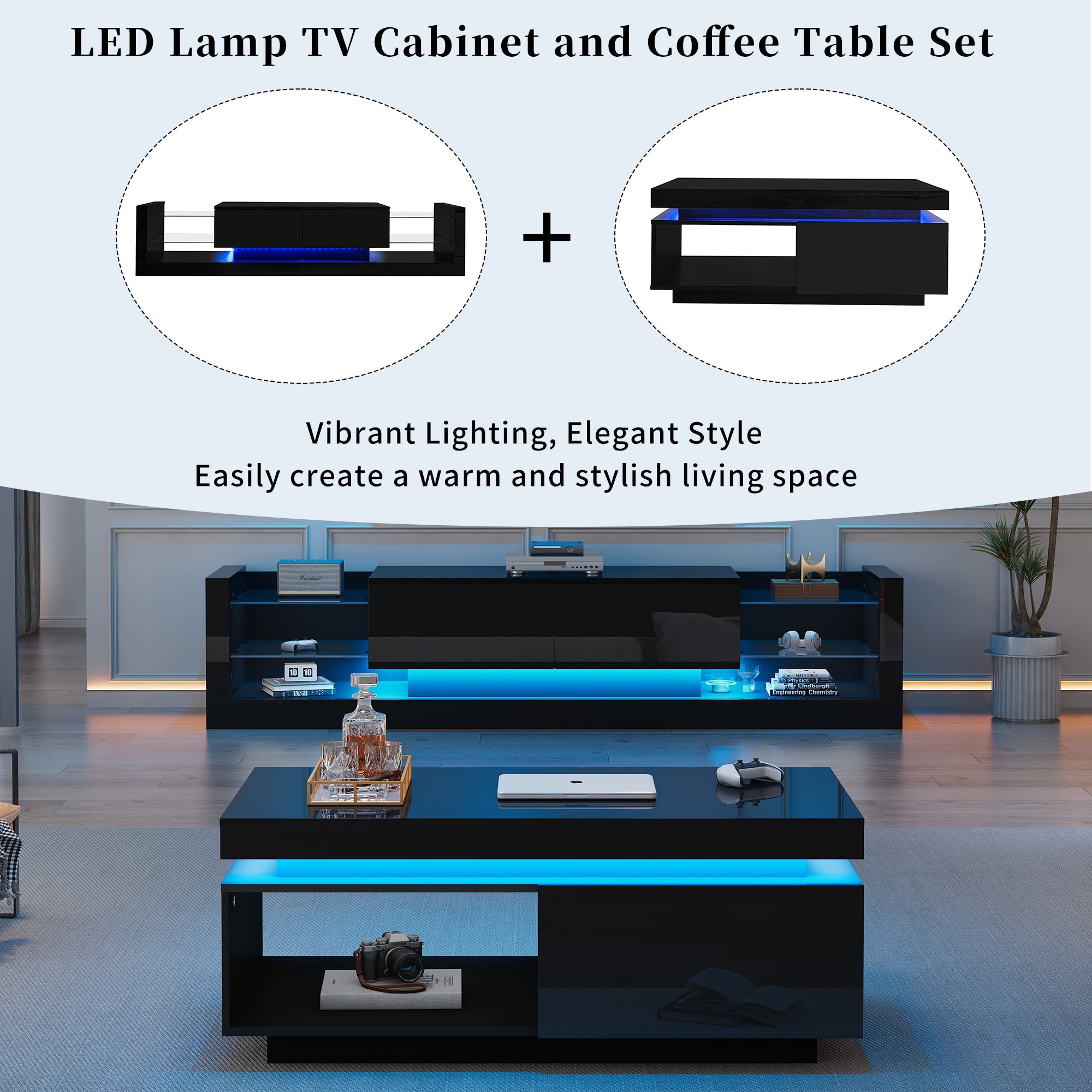 Logidon TV wall cabinet set black high gloss with LED lighting 181cm
