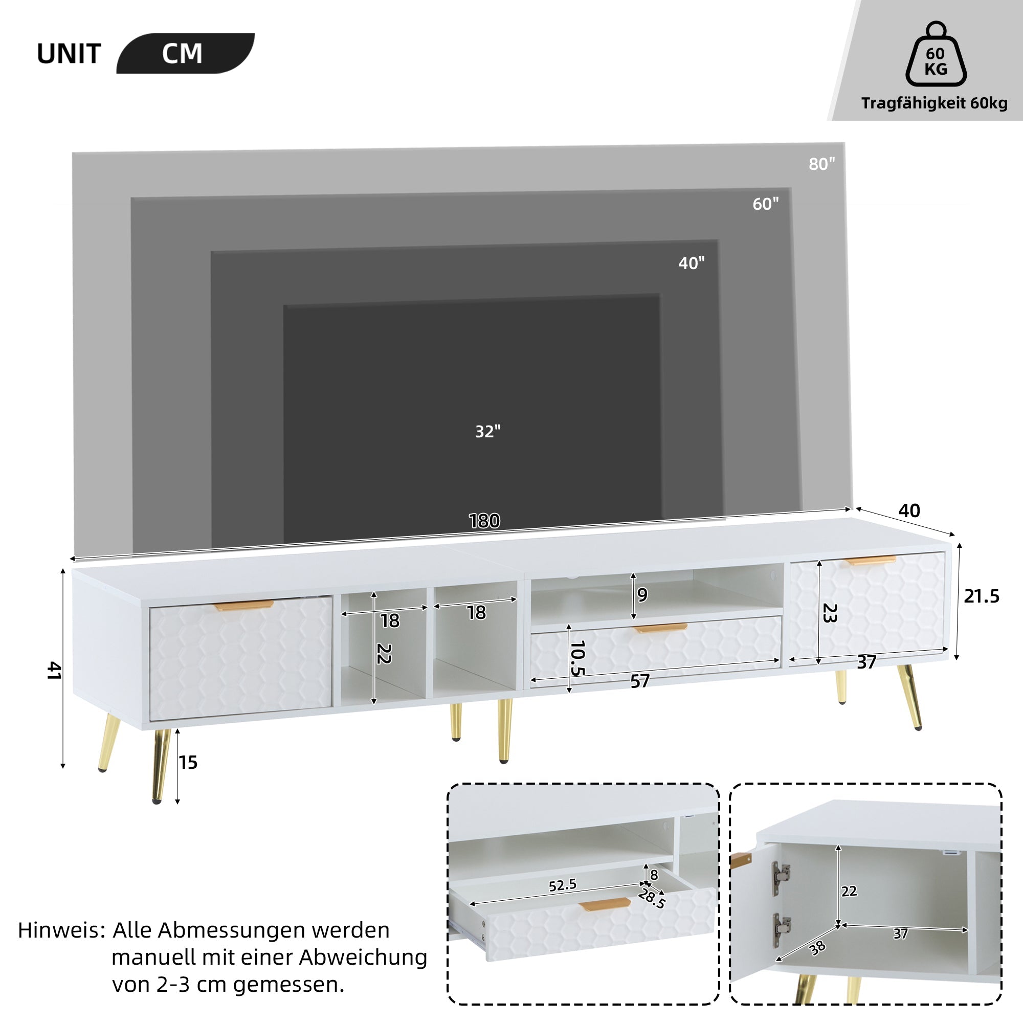 Logidon White TV Stand with Honeycomb Pattern and Storage Space for up to 80 Inches