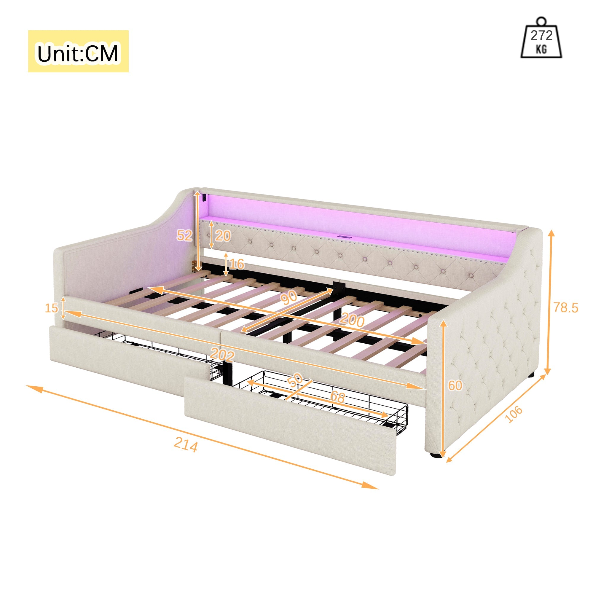 Logidon Daybed 90x200 beige slaapbank met lattenbodem USB-oplaadaansluiting