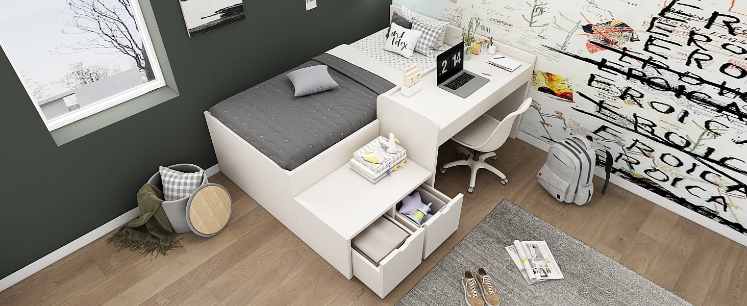 Logidon kinderbed 90x200 massief hout wit met bureau en opbergruimte
