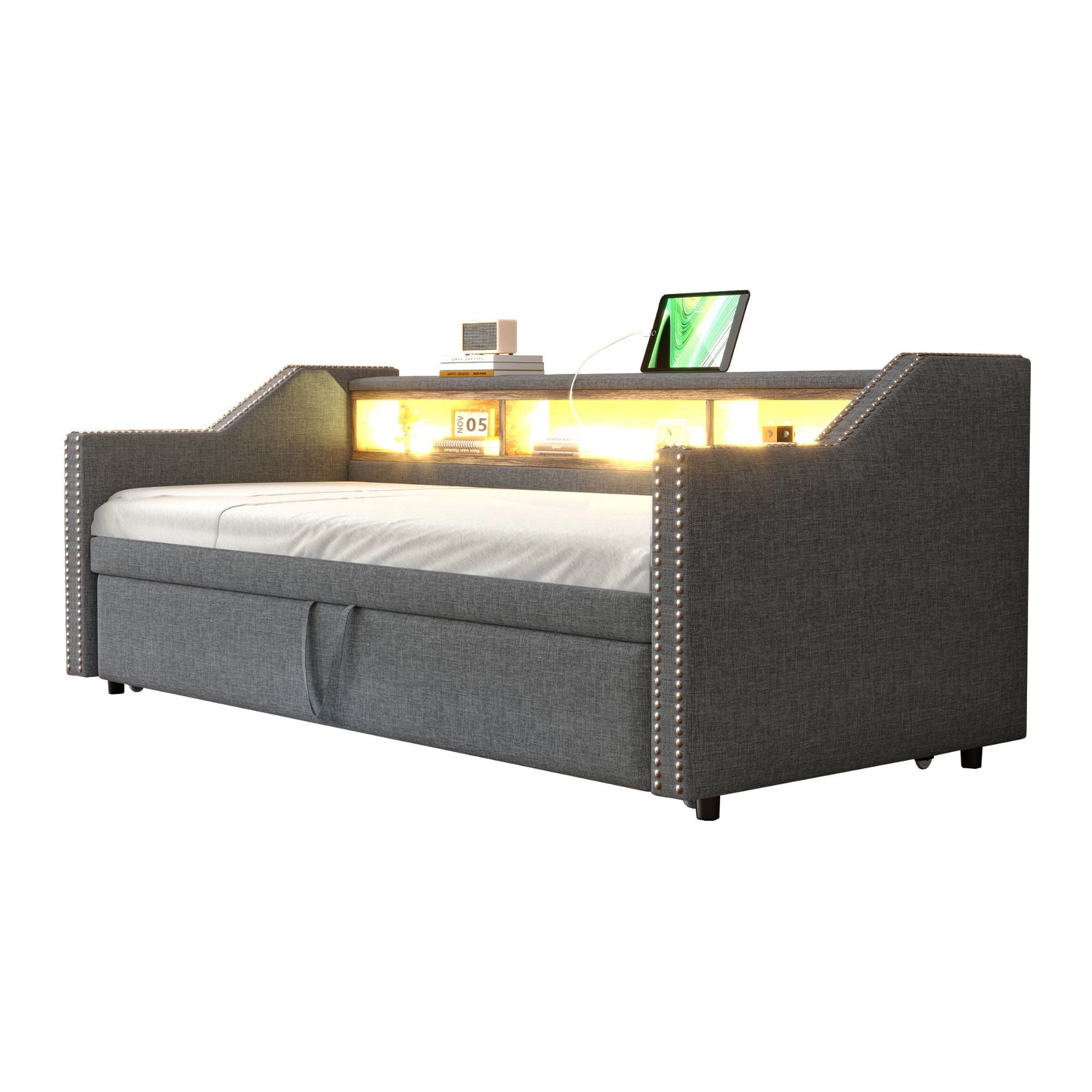 Logidon uitschuifbare slaapbank 90/180x190 cm donkergrijs LED USB