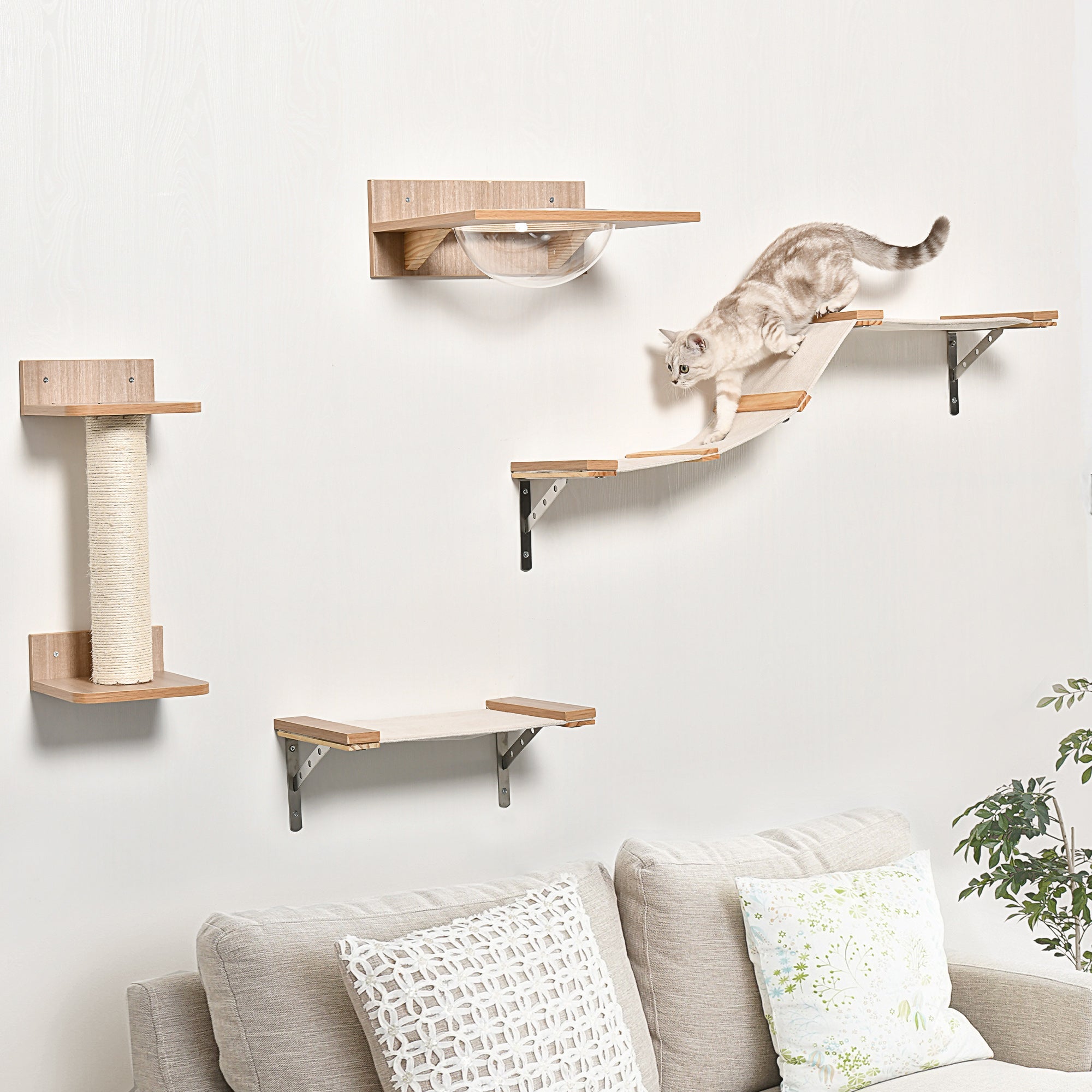 Logidon cat wall set light brown with scratching post, stairs and hammock