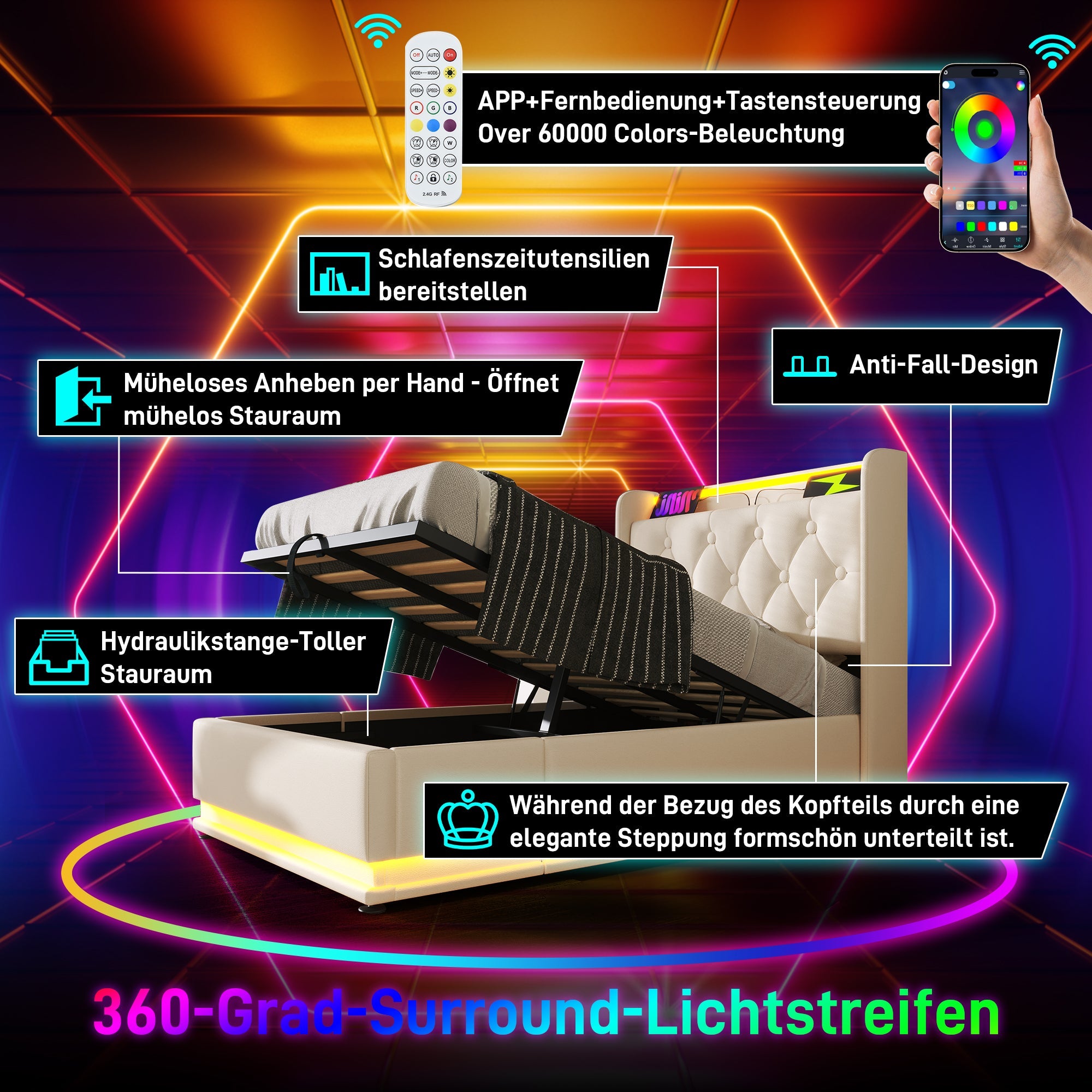 Logidon gestoffeerd bed 90x200 cm wit PU LED USB TypeC oplaadfunctie