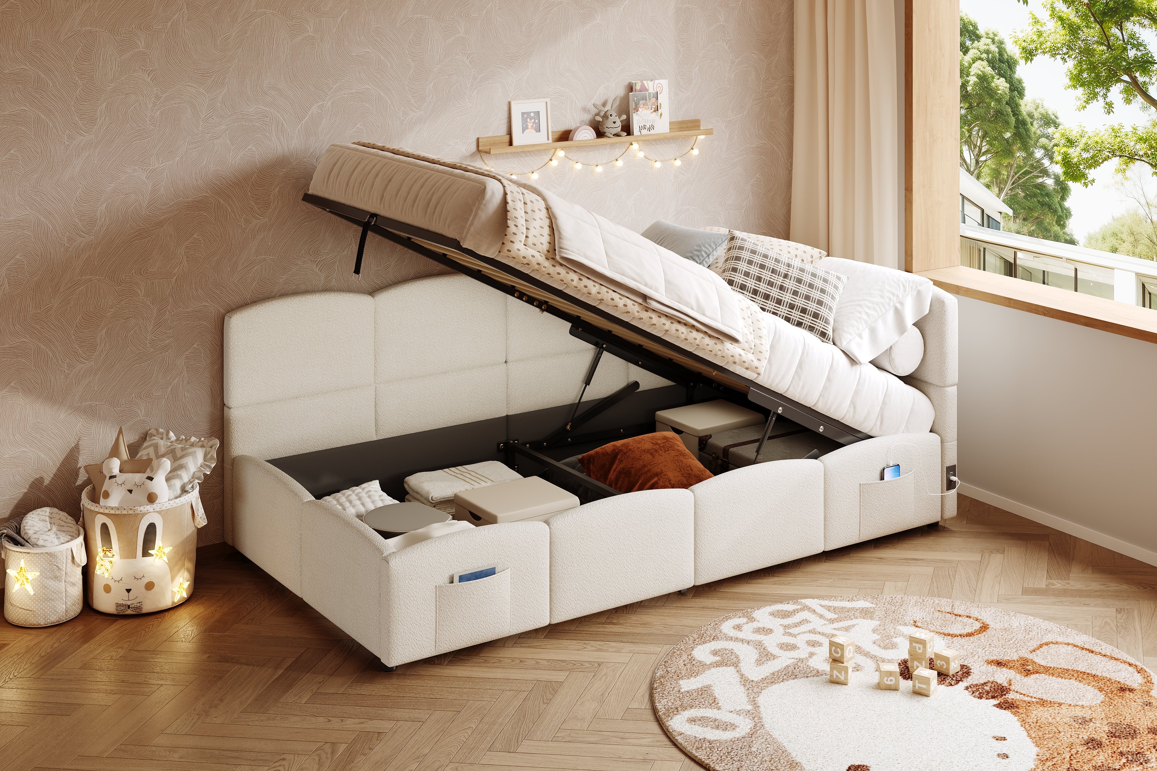 Logidon gestoffeerd bed 90x200 opbergbed slaapbank beige bouclé USB