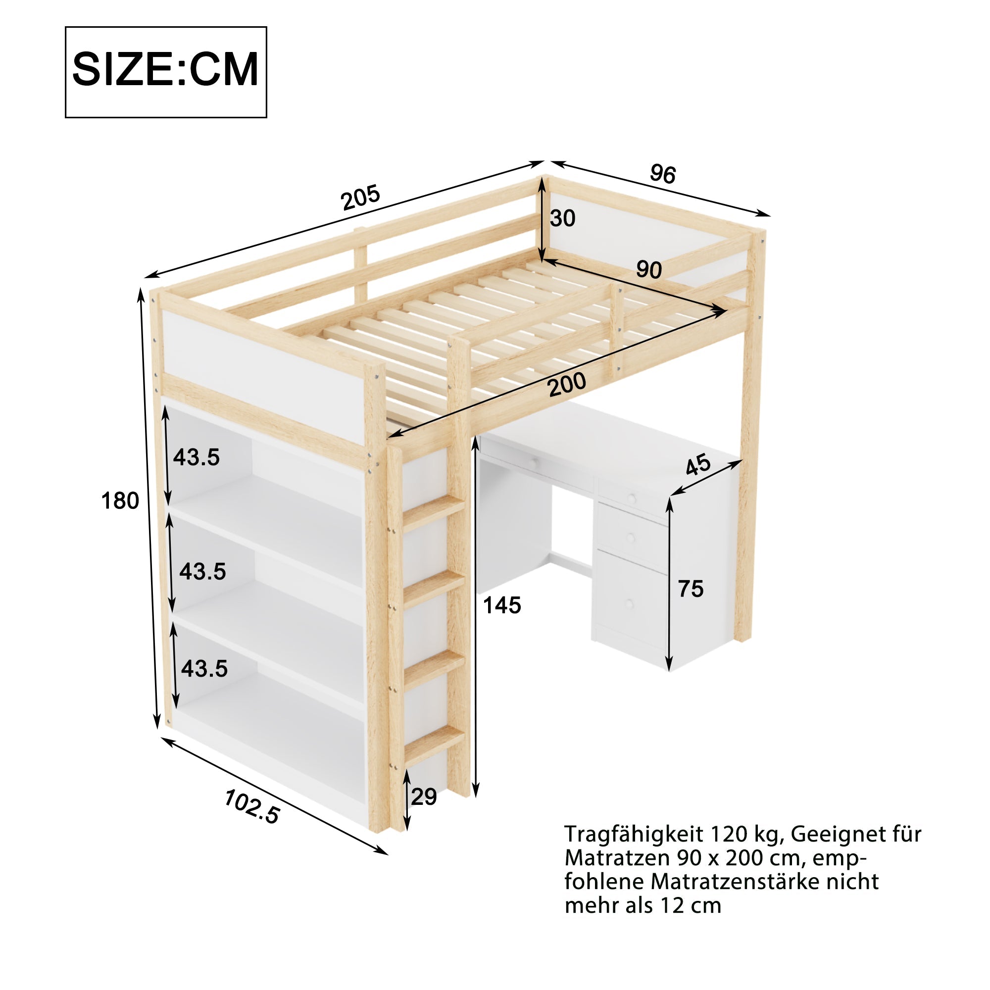 Logidon hoogslaper 90x200 cm met opbergruimte en computertafel wit