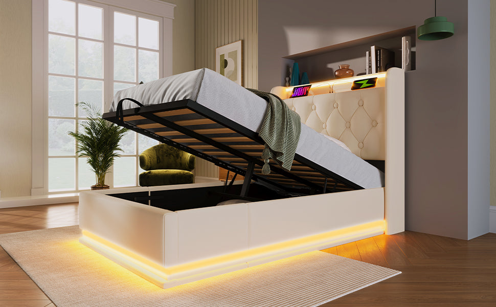 Logidon gestoffeerd bed eenpersoons 90x200 cm wit PU 360 SurroundLED USB C oplaadfunctie
