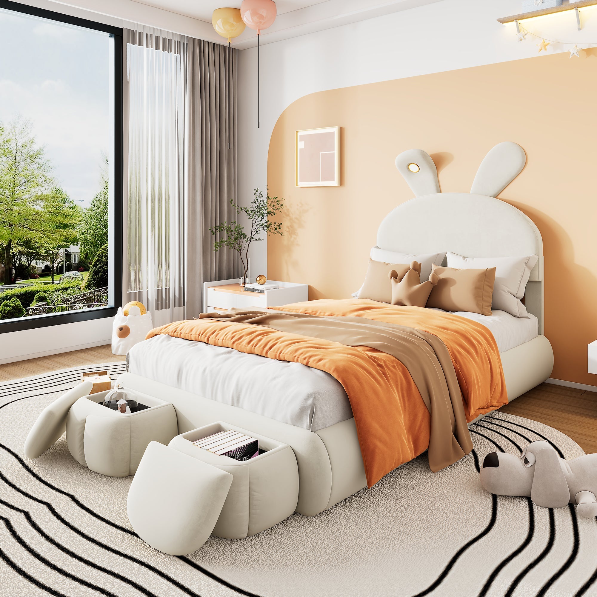 Logidon gestoffeerd bed 90x200 beige fluwelen opbergkruk met konijnenoren
