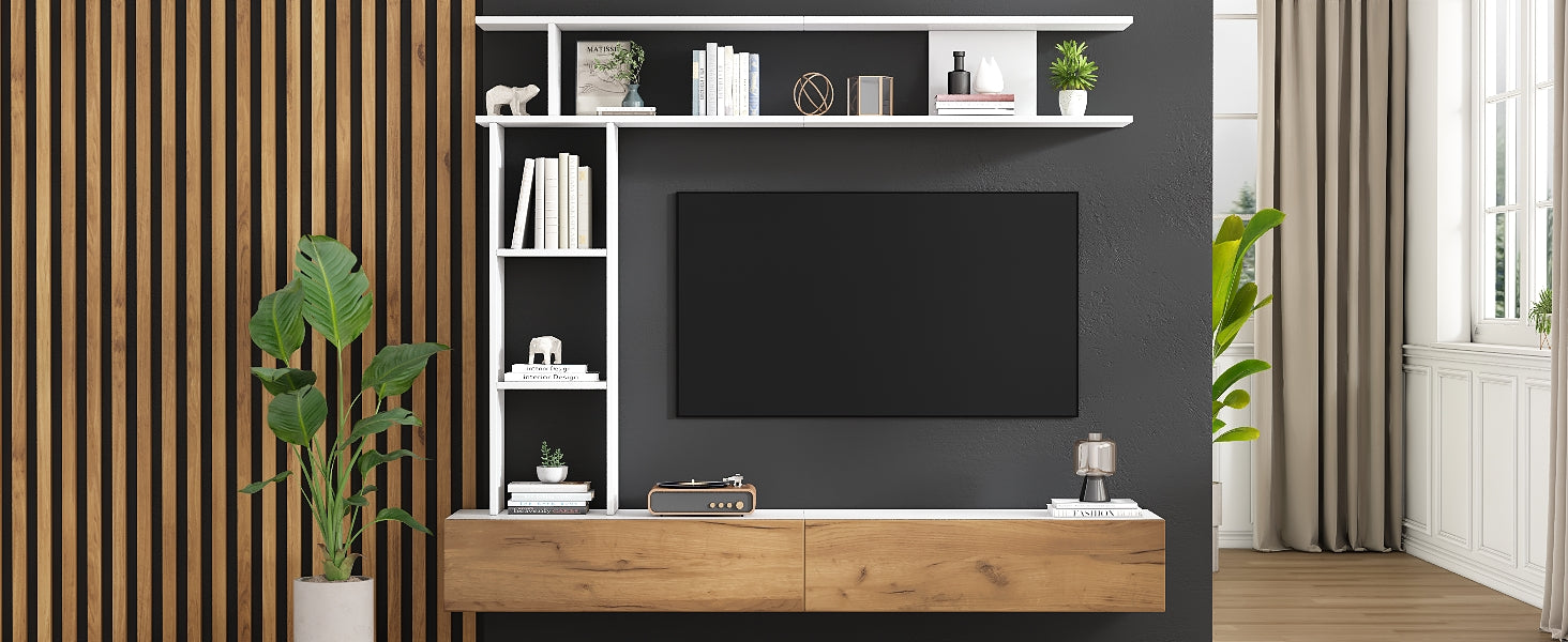 Logidon TV wandmeubel 180 cm wit houtlook met vitrinekasten