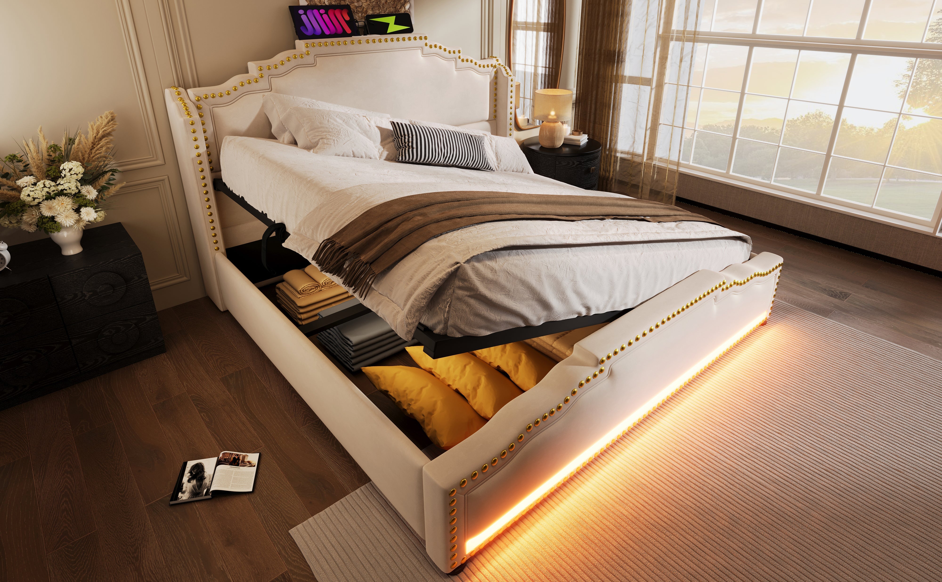 Logidon gestoffeerd bed 160x200 beige fluweel met opbergruimte LED USB C