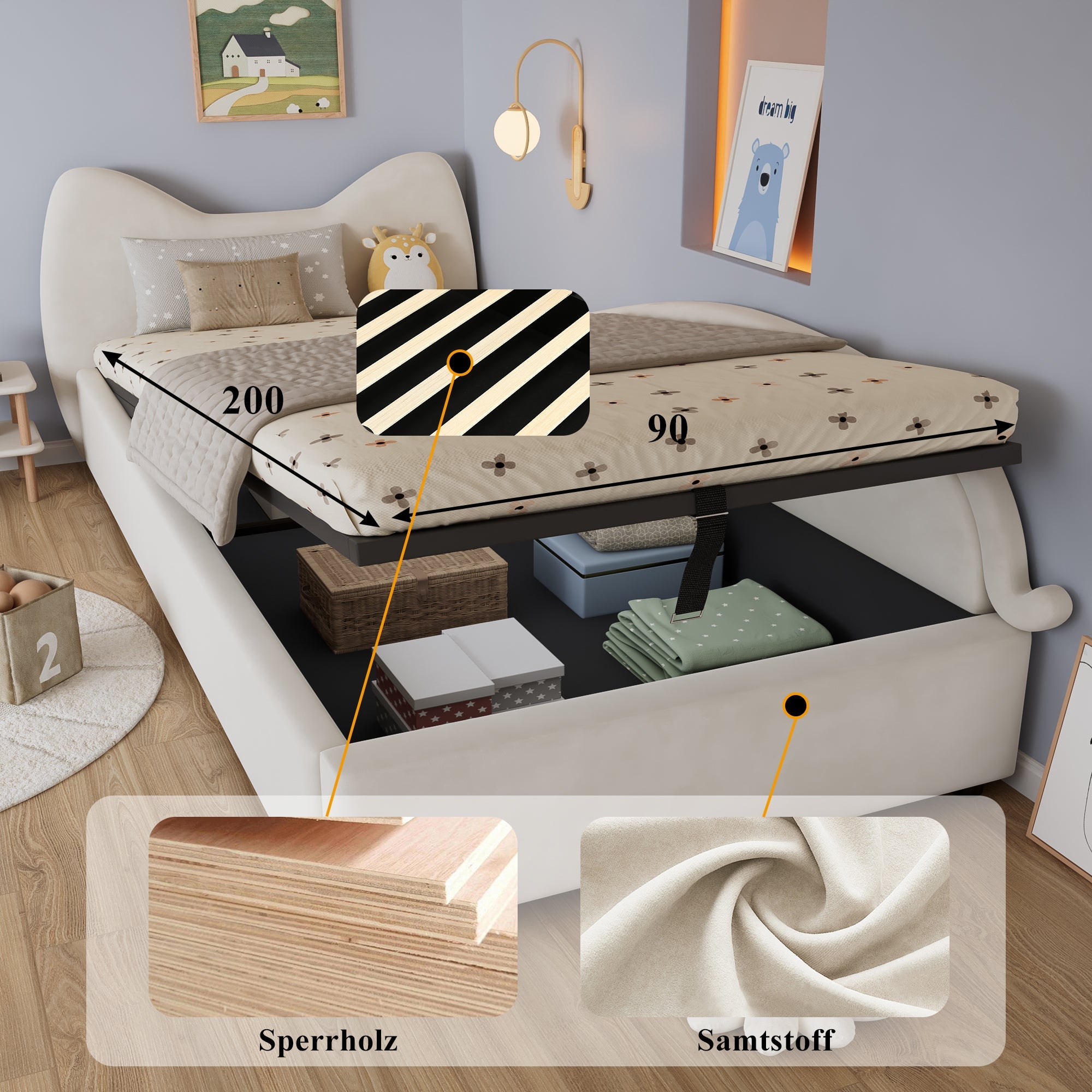 Logidon gestoffeerd bed 90x200 beige cat design hydraulische opbergruimte