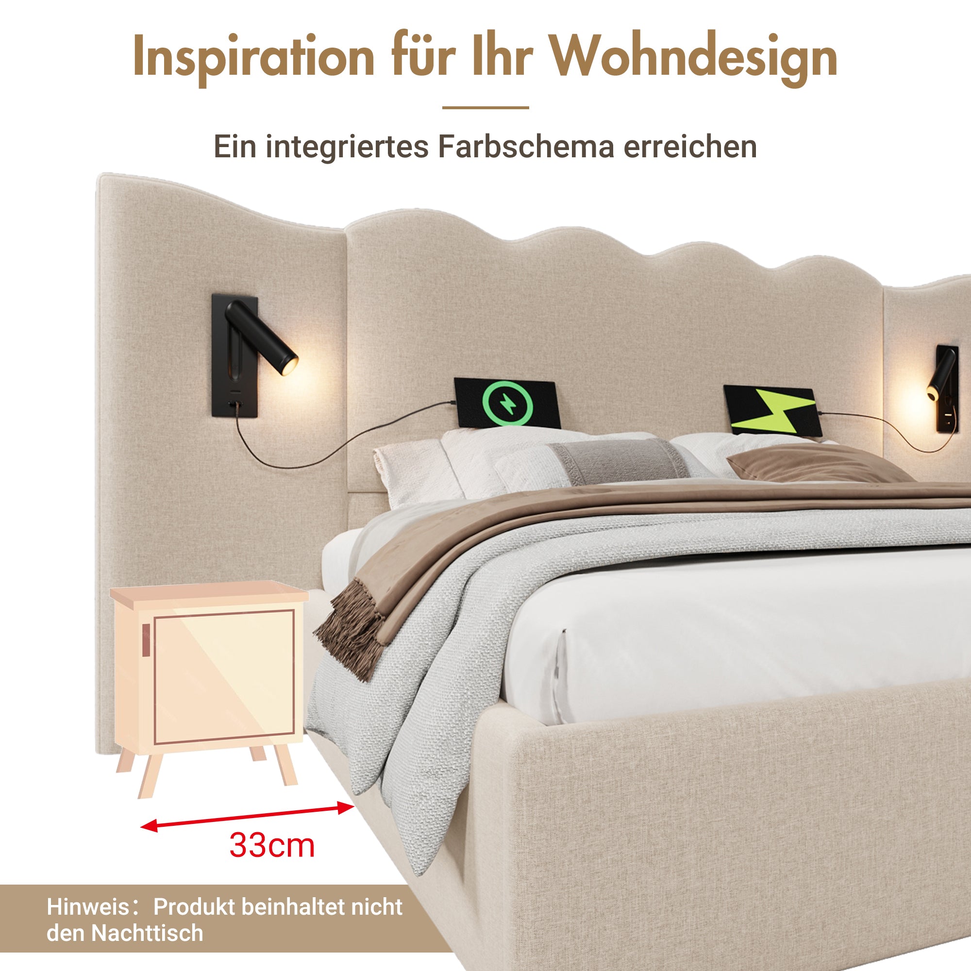 Logidon upholstered bed double bed 180x200 reading lamp USB C beige linen