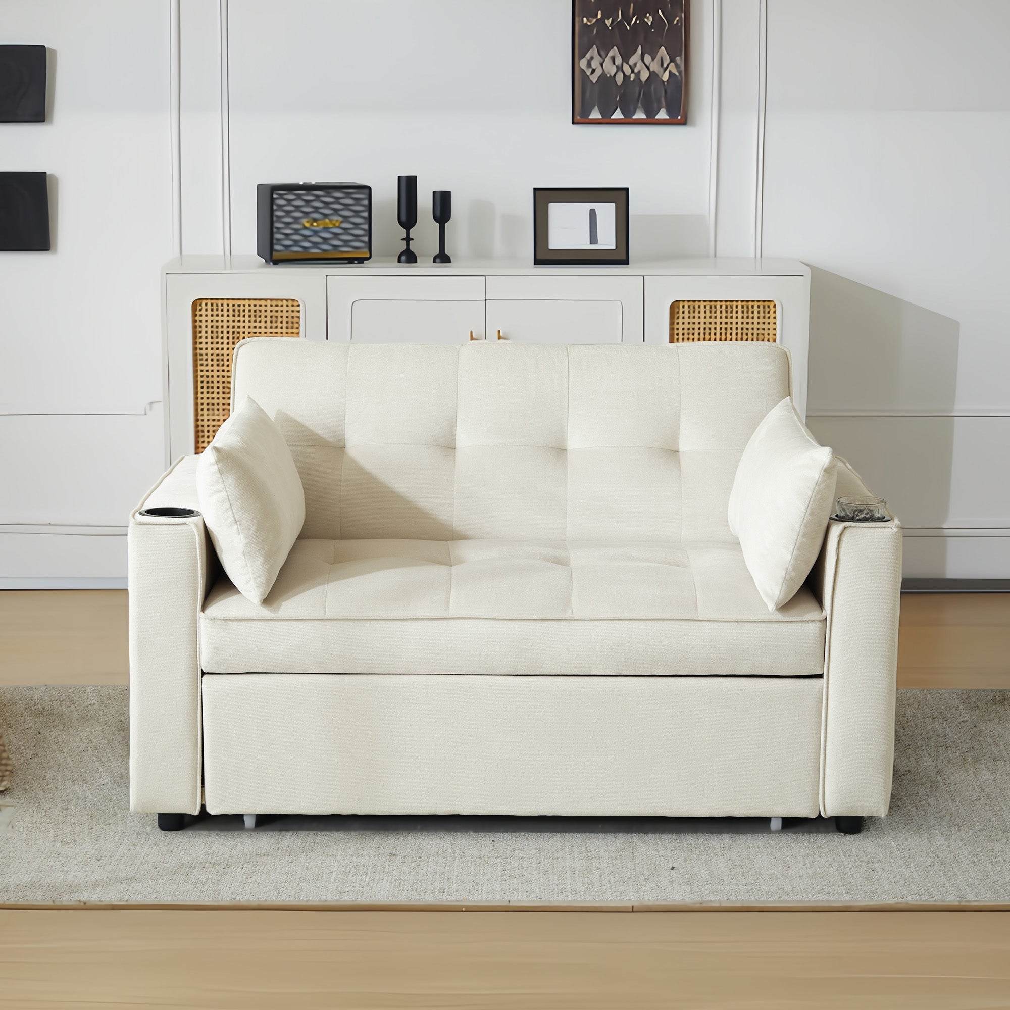 Logidon slaapbank beige fluweel met bekerhouder en kussen