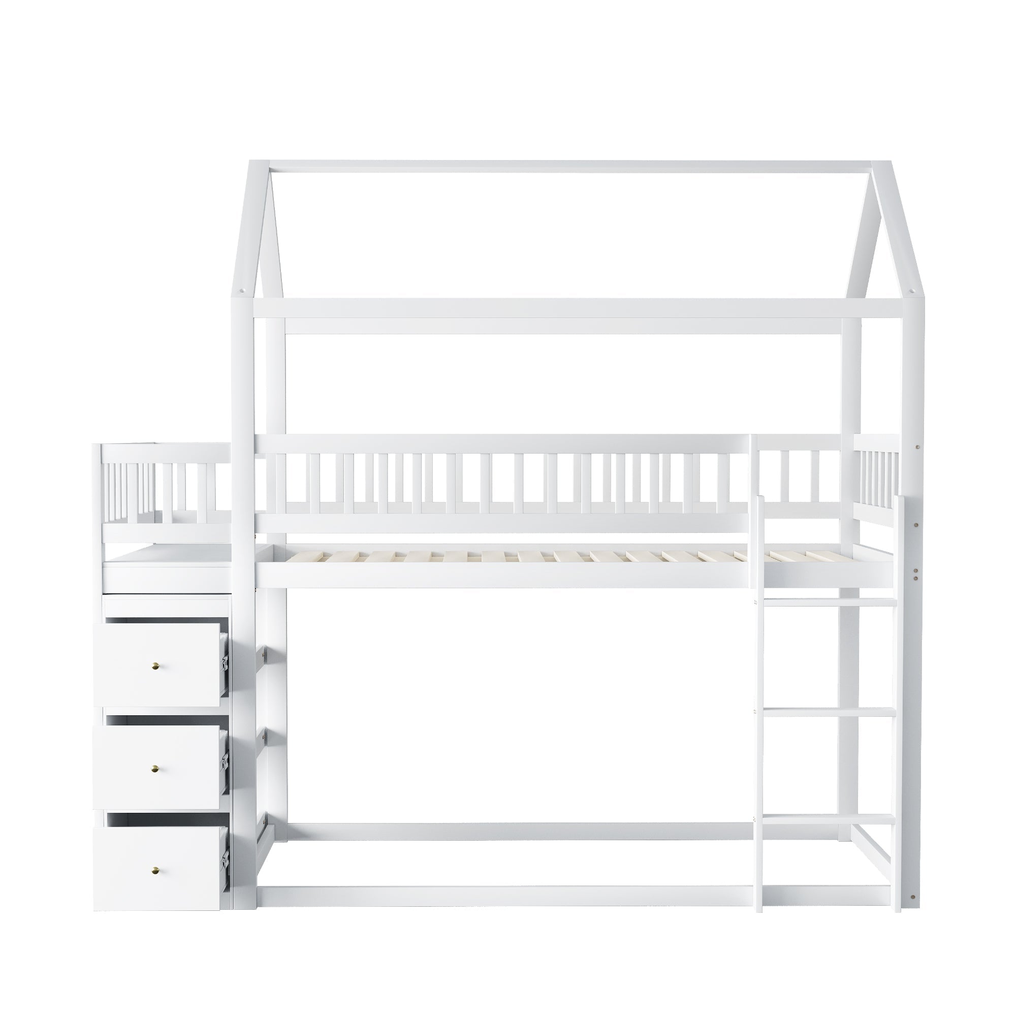 Logidon Bunk Bed 90x200 House Shape White With Security Fence Storage