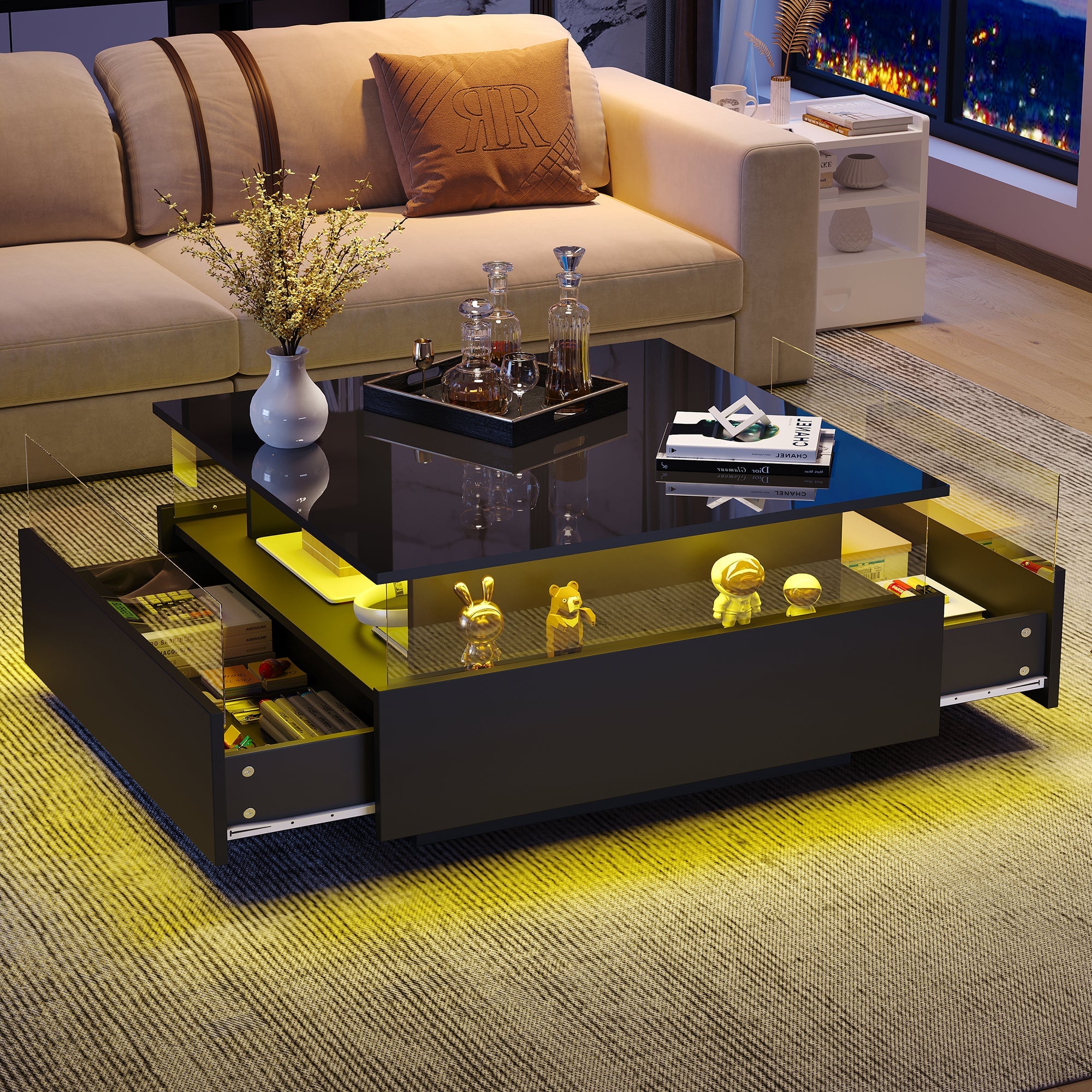 Logidon hoogglans LED salontafel 90x55x45 cm zwart 2 lades