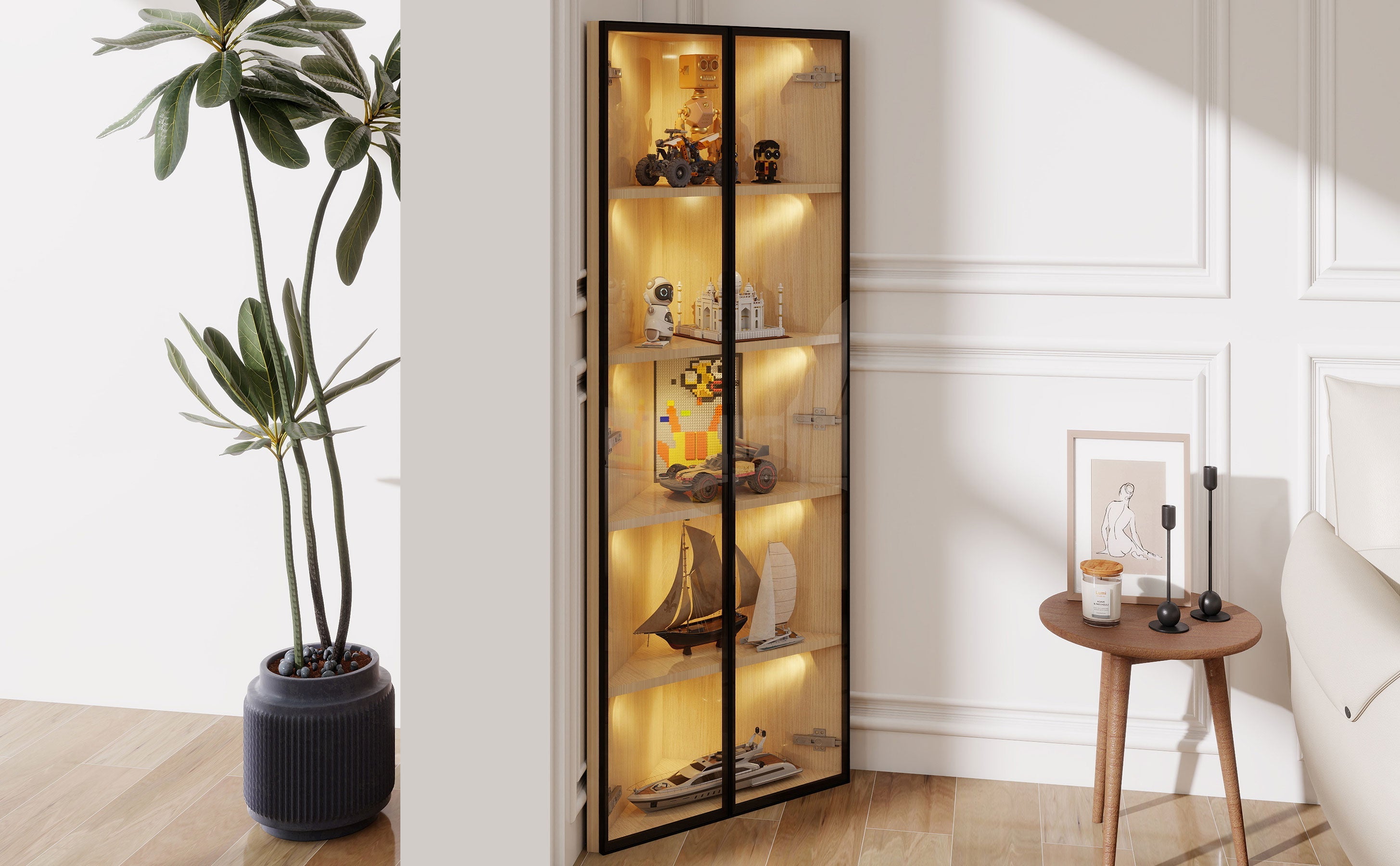 Logidon LED glazen vitrine 62 cm 35 cm 160 cm eiken hoekvitrine met deur