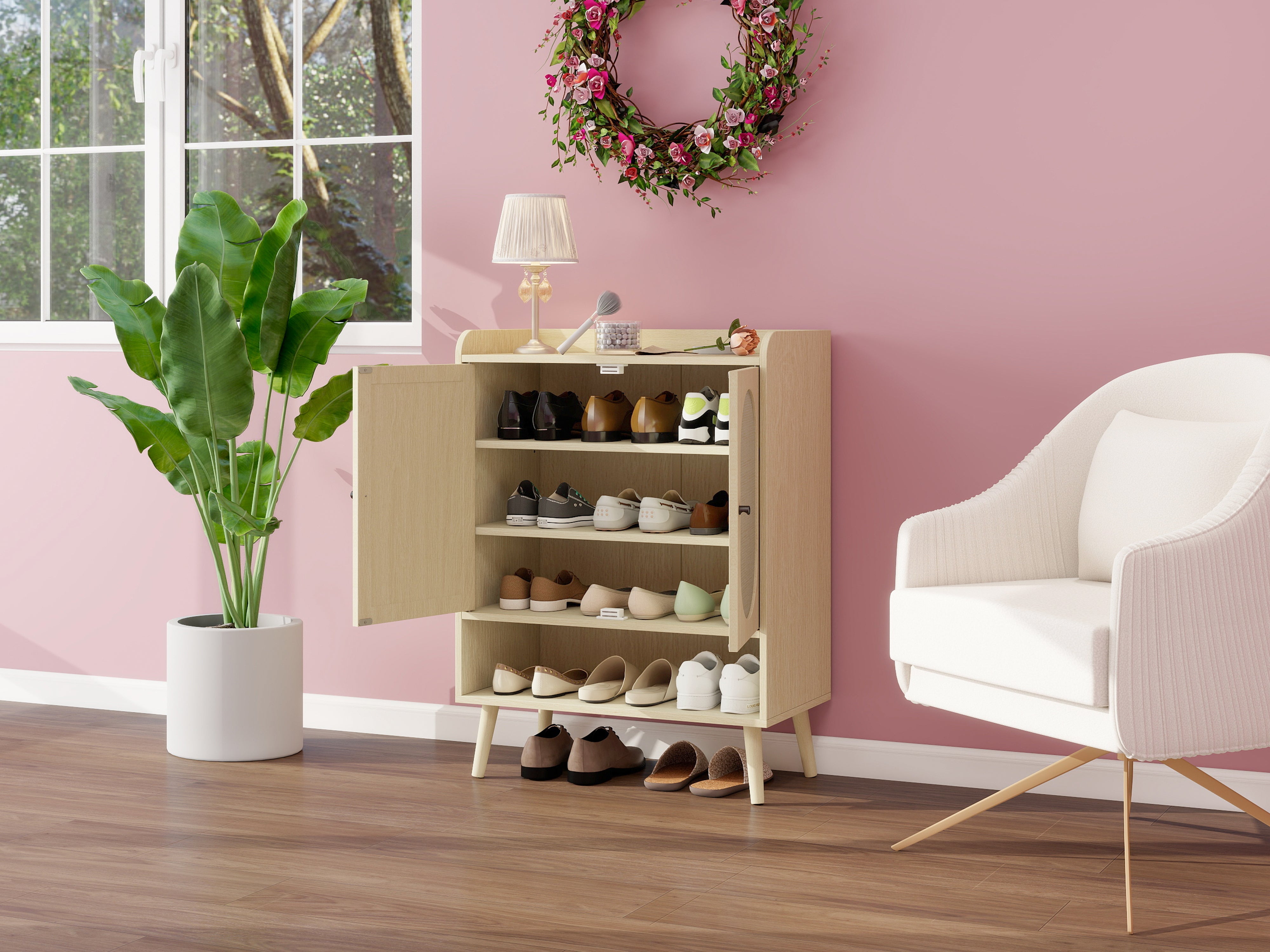 Logidon schoenenkast naturel houtlook met dubbele deuren Rotan design