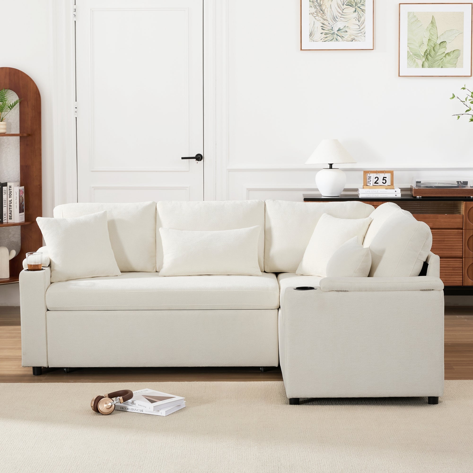Logidon L-vorm hoekbank beige slaapbank opbergruimte USB-oplaadpoort