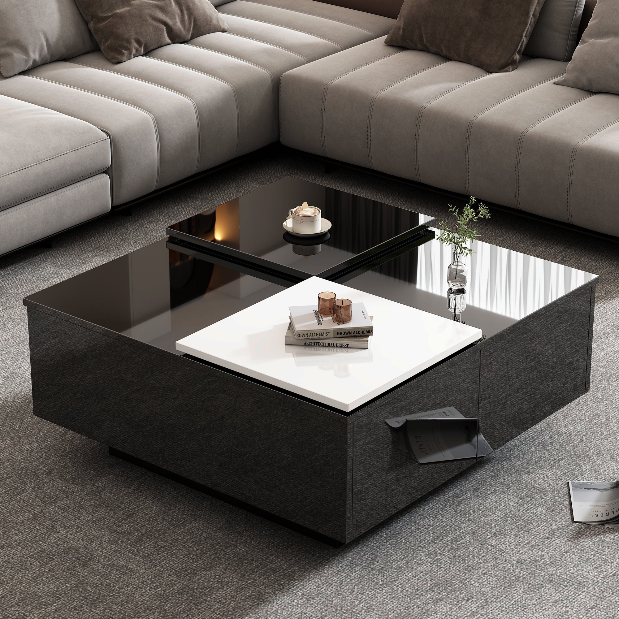 Logidon Hoogglans Salontafel Zwart Wit 75x75 Cm Met 4 Laden
