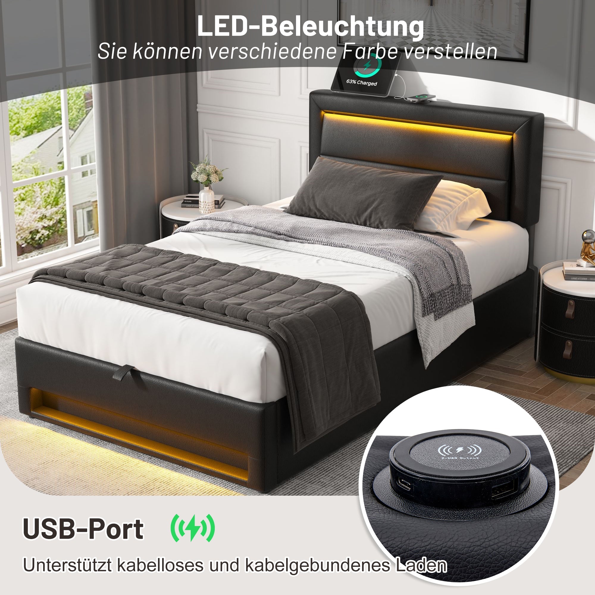 Logidon gestoffeerd bed 90x200 zwart USB-oplaadpoort LED-verlichting