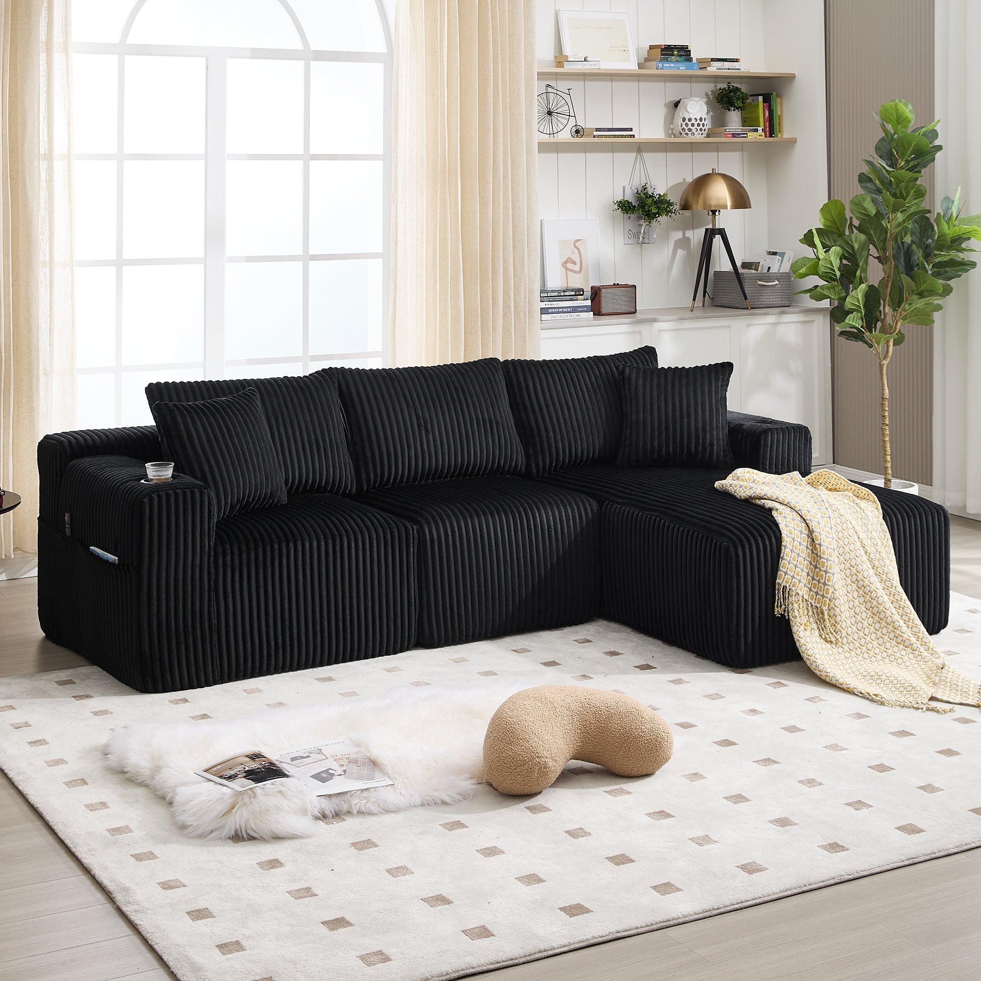 Logidon modulaire bankstel met chaise longue, 2-zitsbank, zwart corduroy