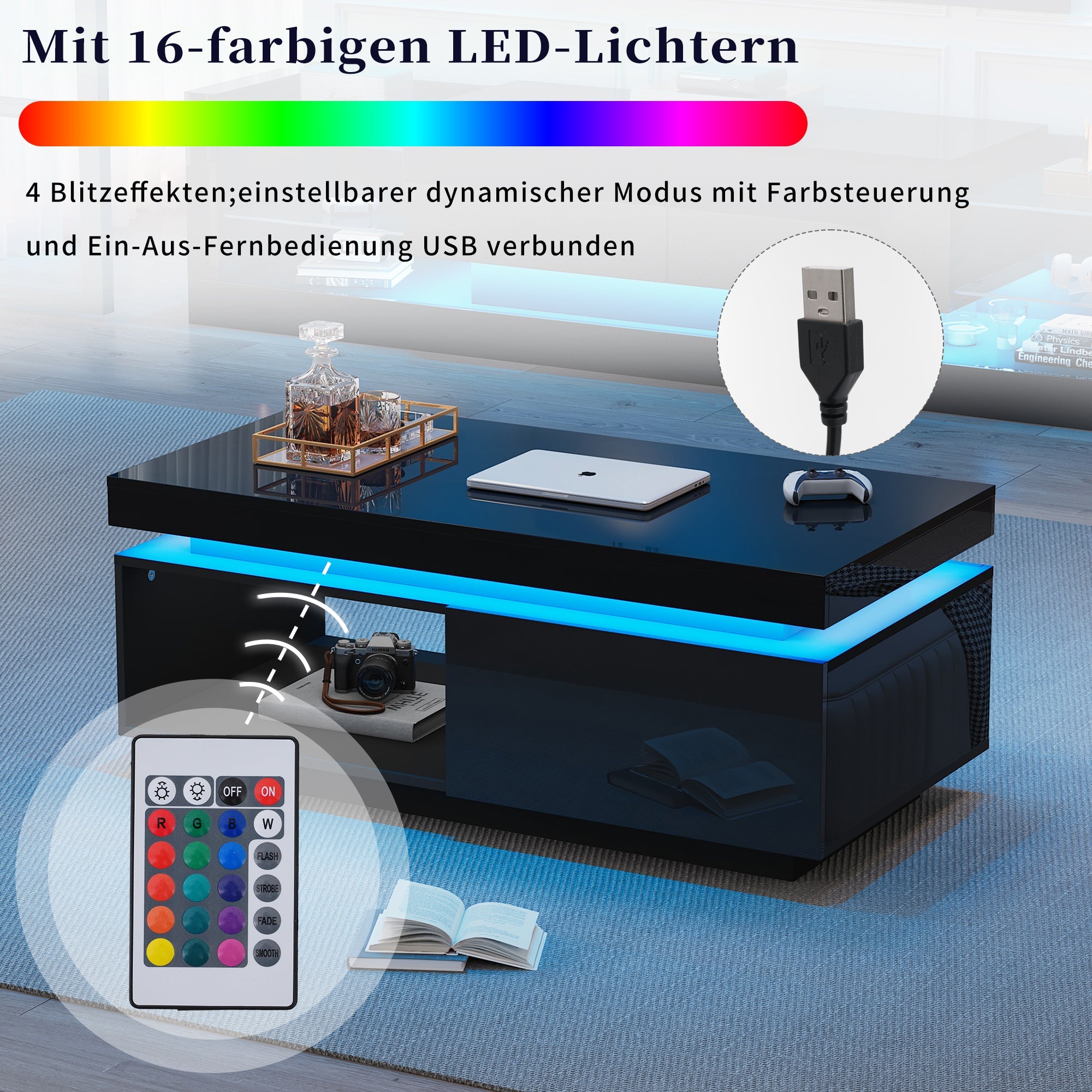 Logidon hoogglans salontafel zwart met LED verlichting 100x50x40 cm