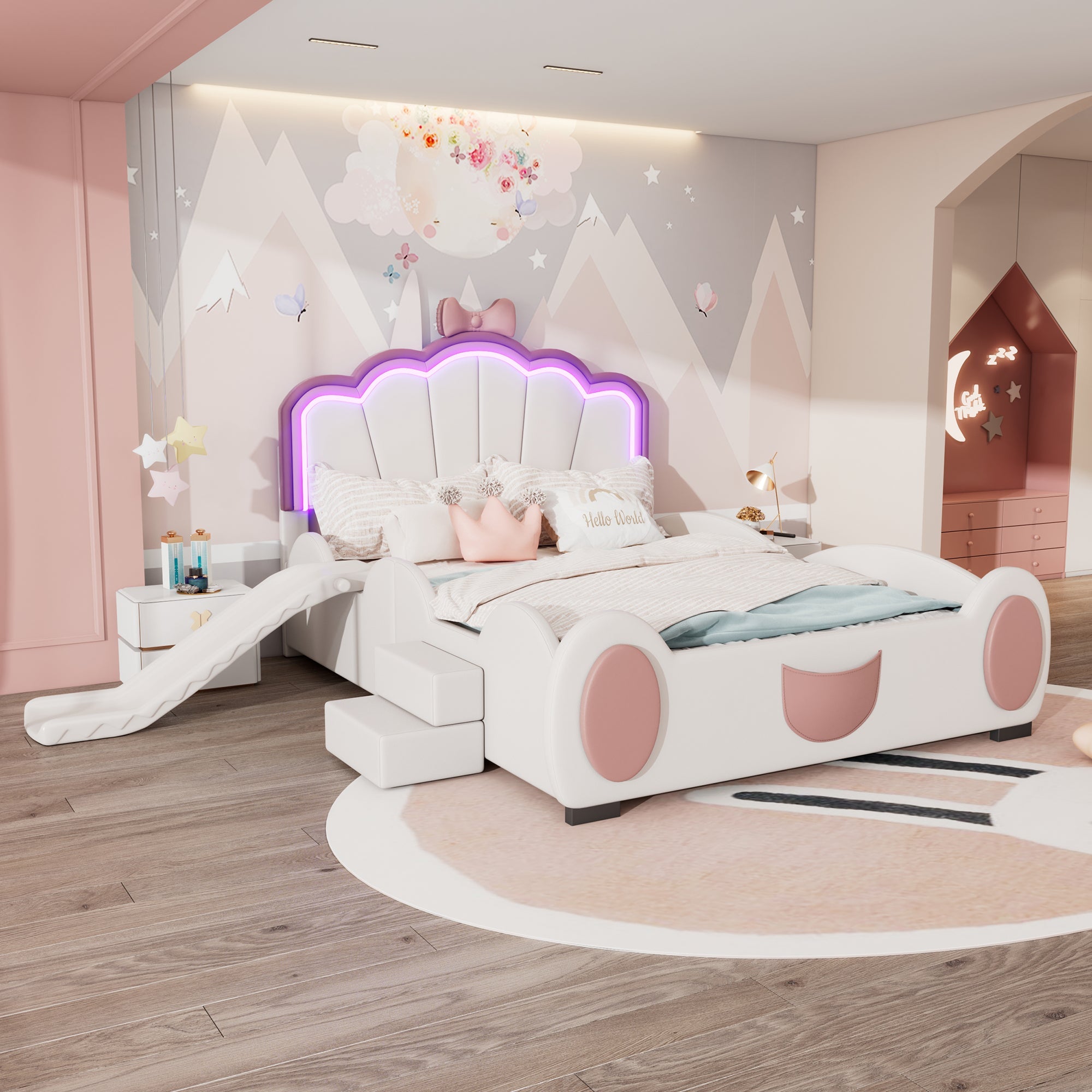 Logidon 90x200 cm Butterfly Bed With LED Color Changing Pink White