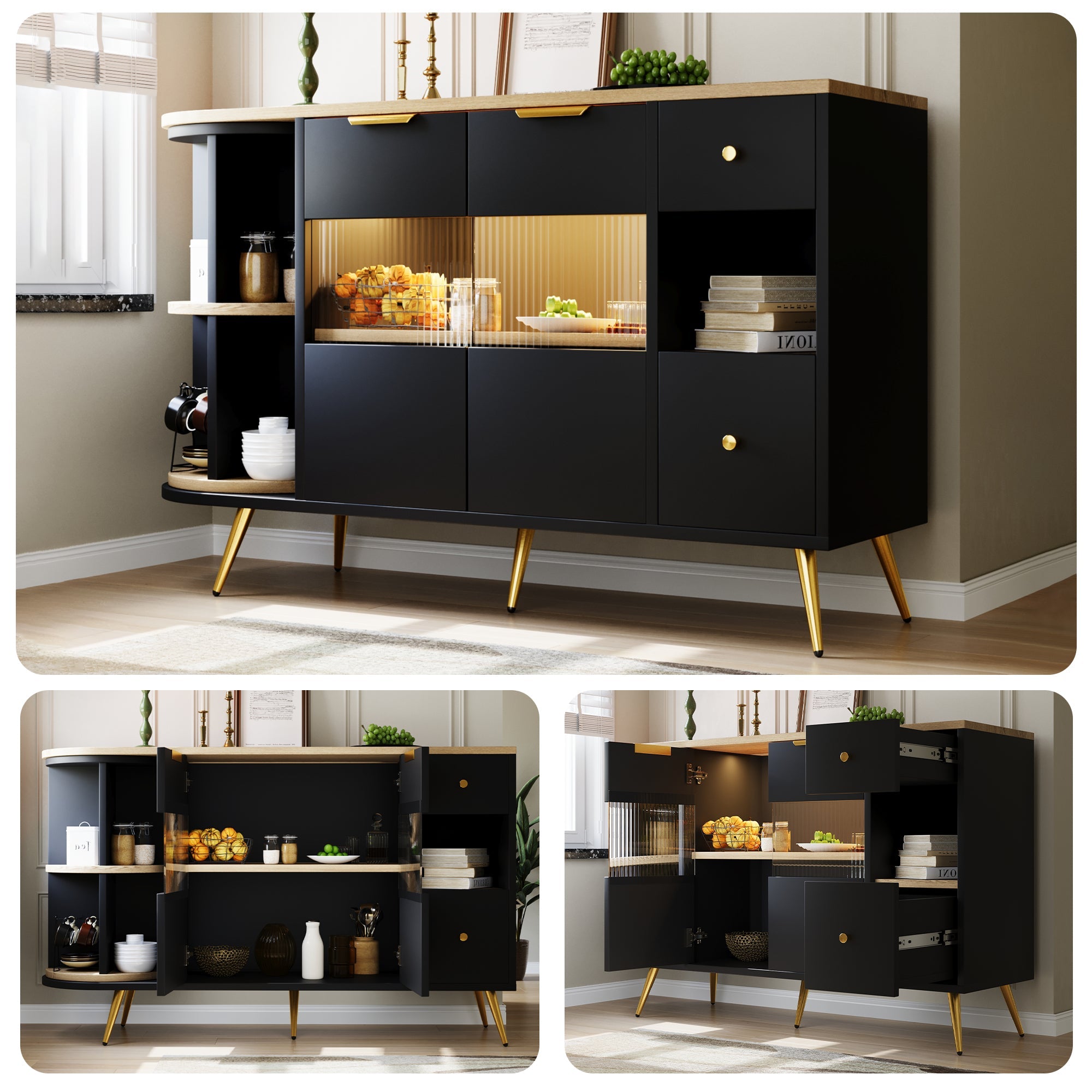Logidon buffetkast 130x40x80 cm zwart met glazen schuifdeuren LED verlichting