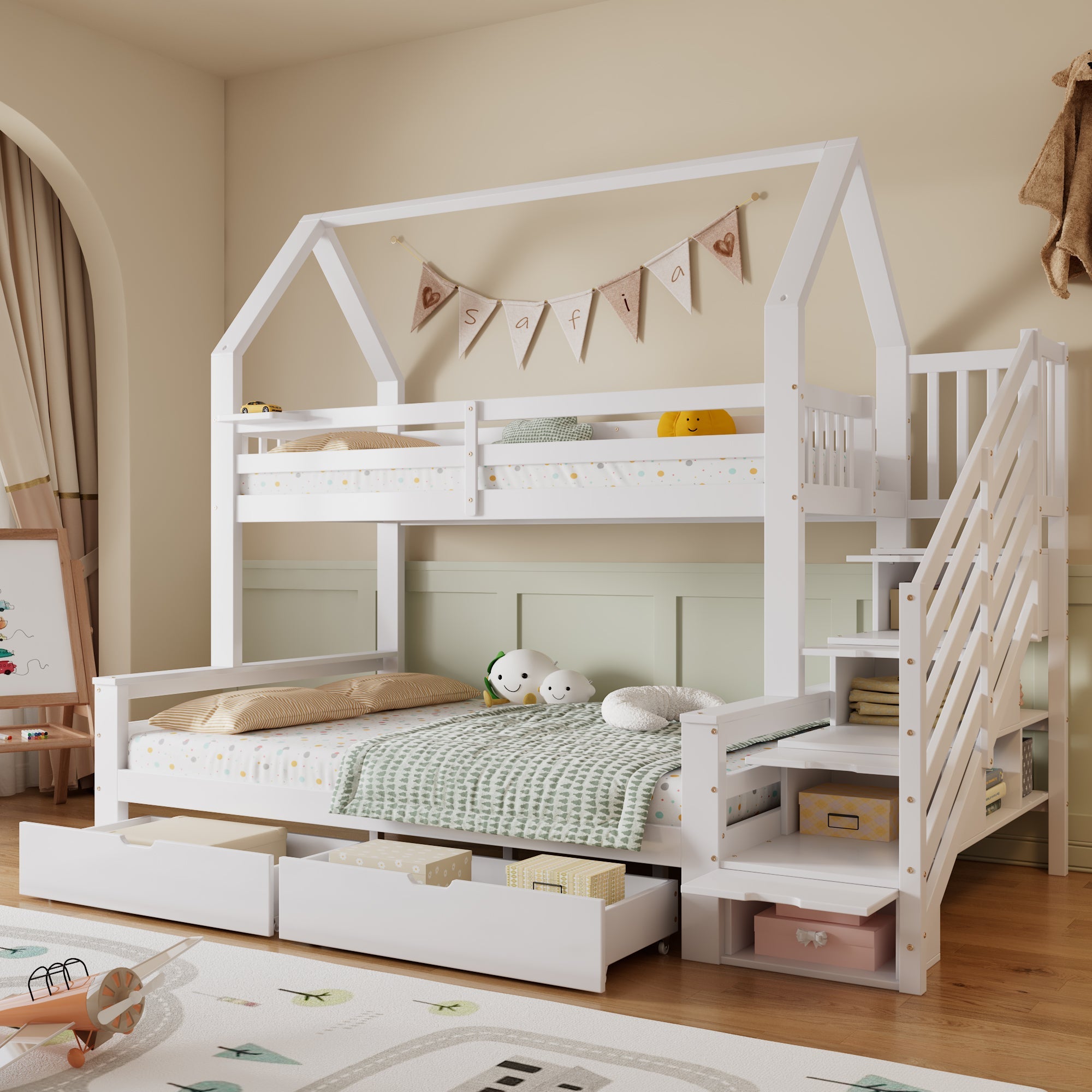 Logidon stapelbed kinderbed wit 90x200 en 140x200 met dakdesign