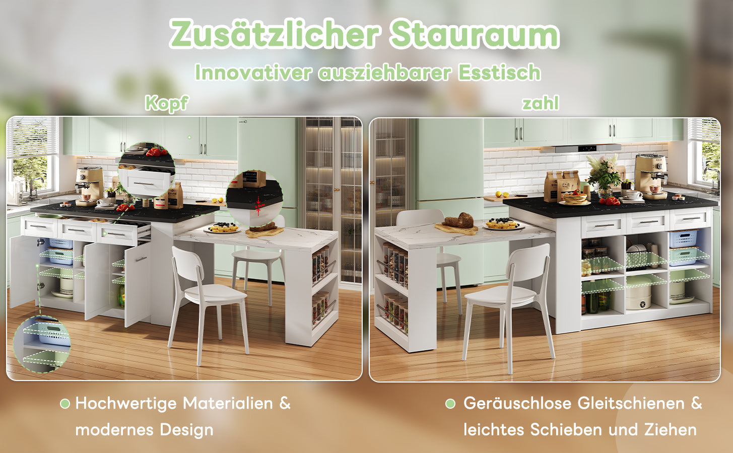 Logidon keukeneiland 150x96 cm wit met marmeren blad uitschuifbare eettafel
