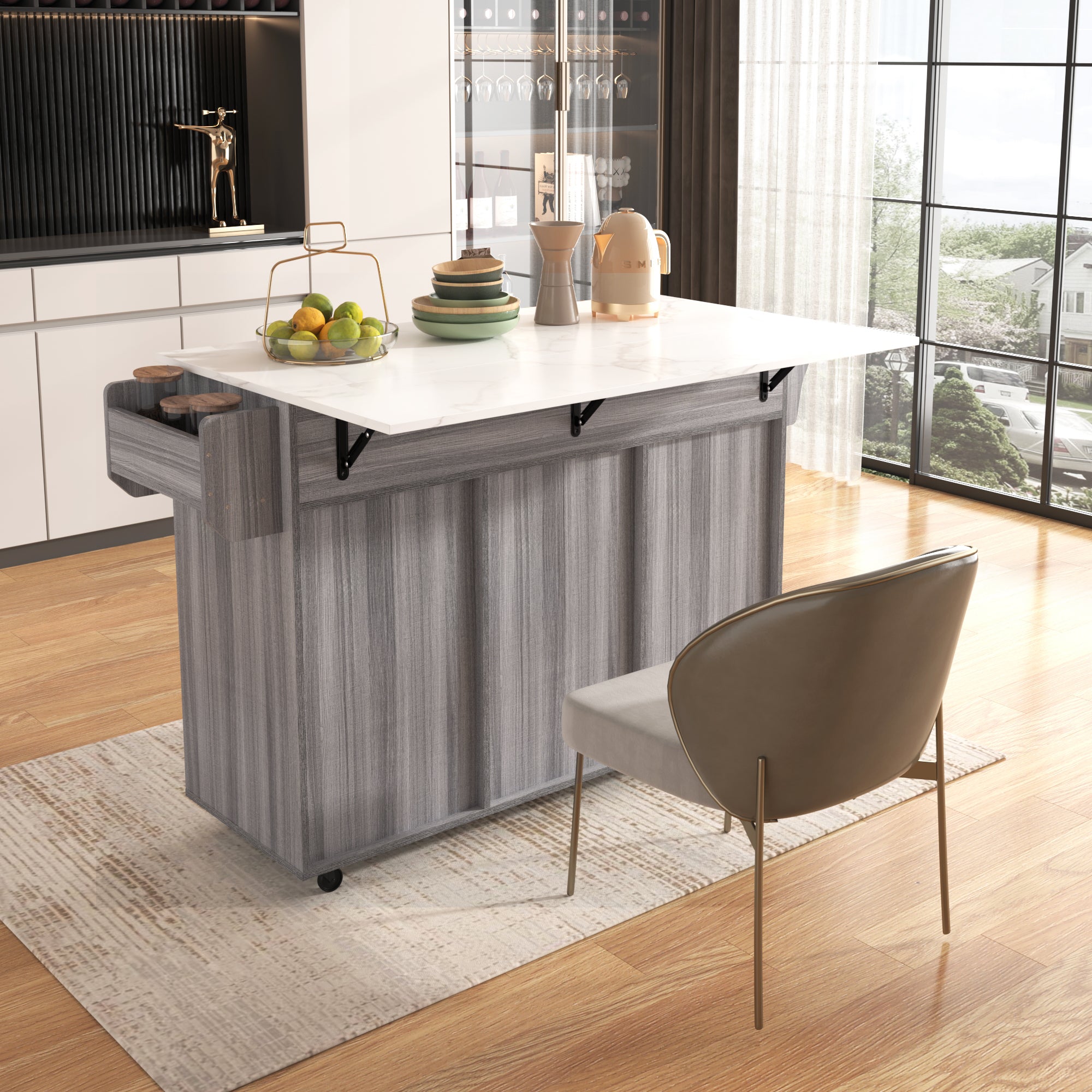 Logidon serving trolley gray wood look with folding table top and storage space