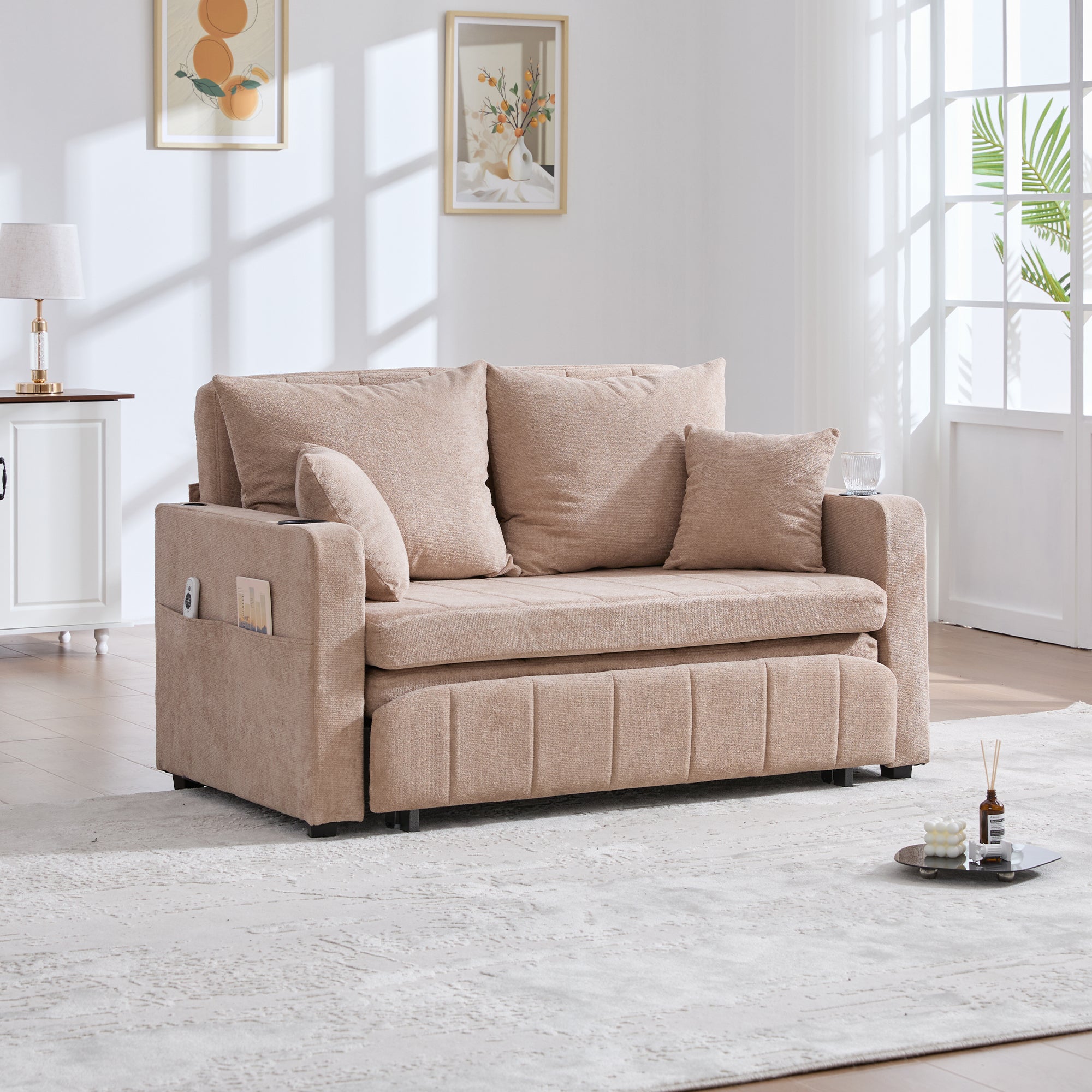 Logidon multifunctionele stoffen bank Khaki Velvet met USB-oplaadfunctie