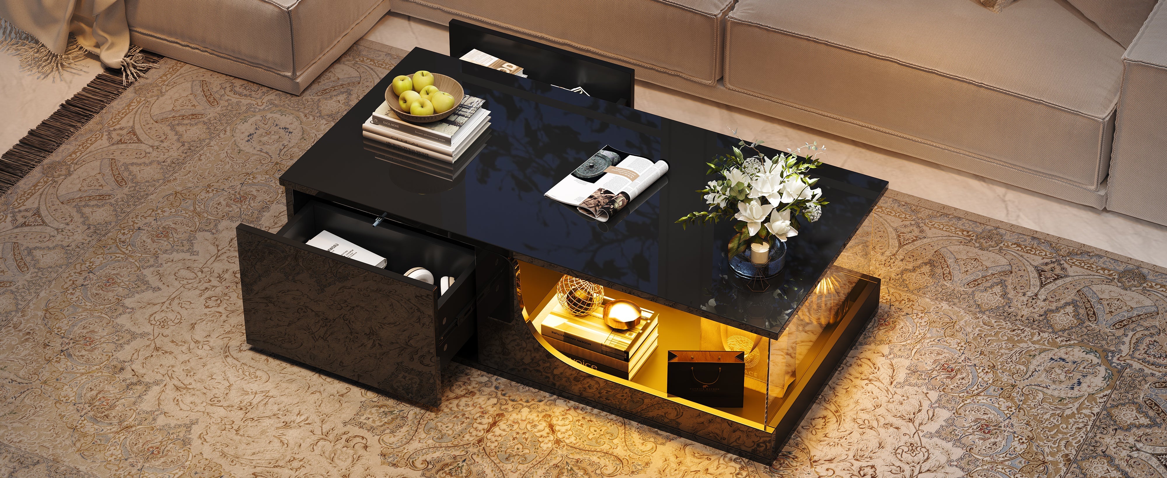 Logidon Zwarte hoogglans salontafel 100x50x30 cm LED-verlichting