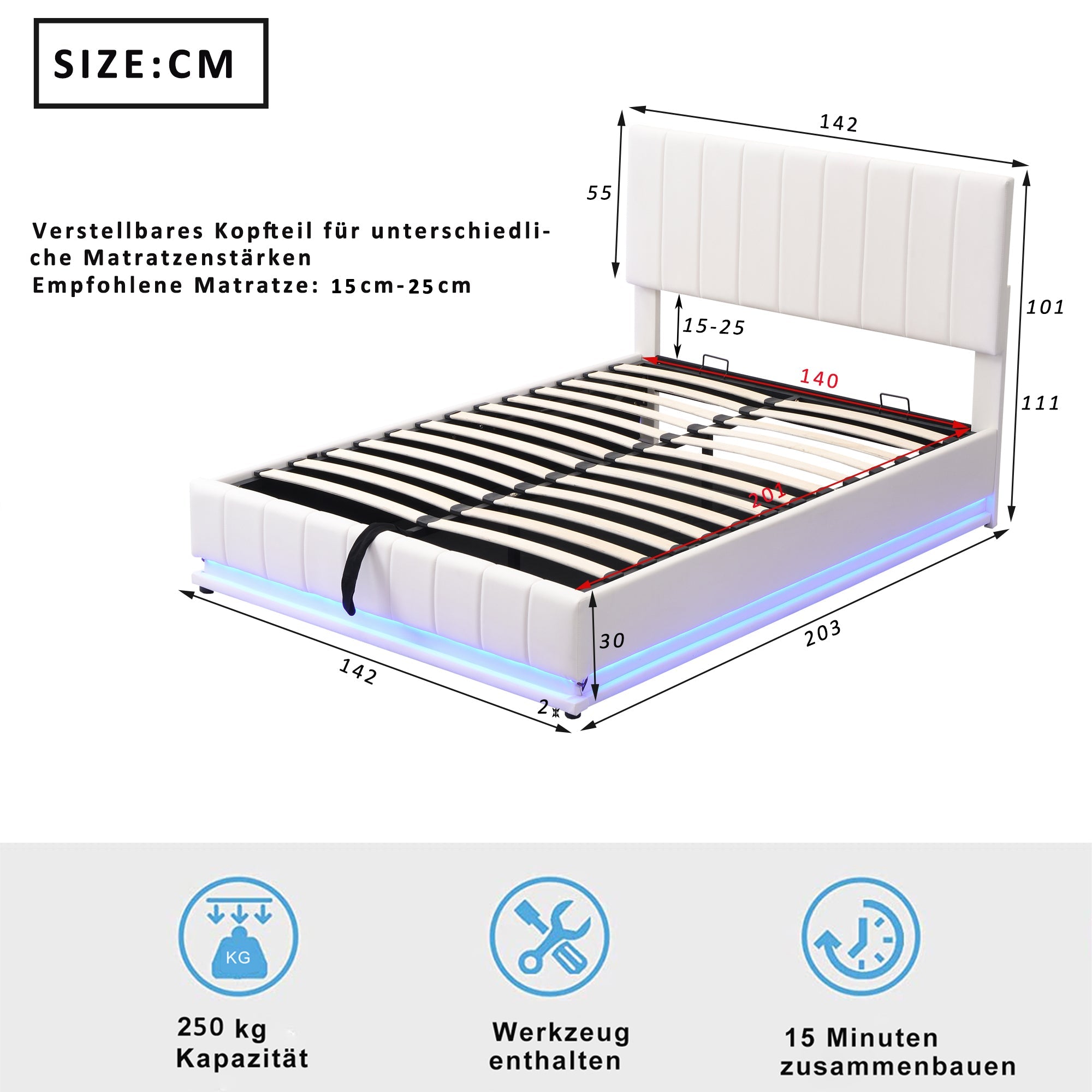 Logidon gestoffeerd bed 140x200 cm met LED bedkast verstelbaar hoofdbord wit