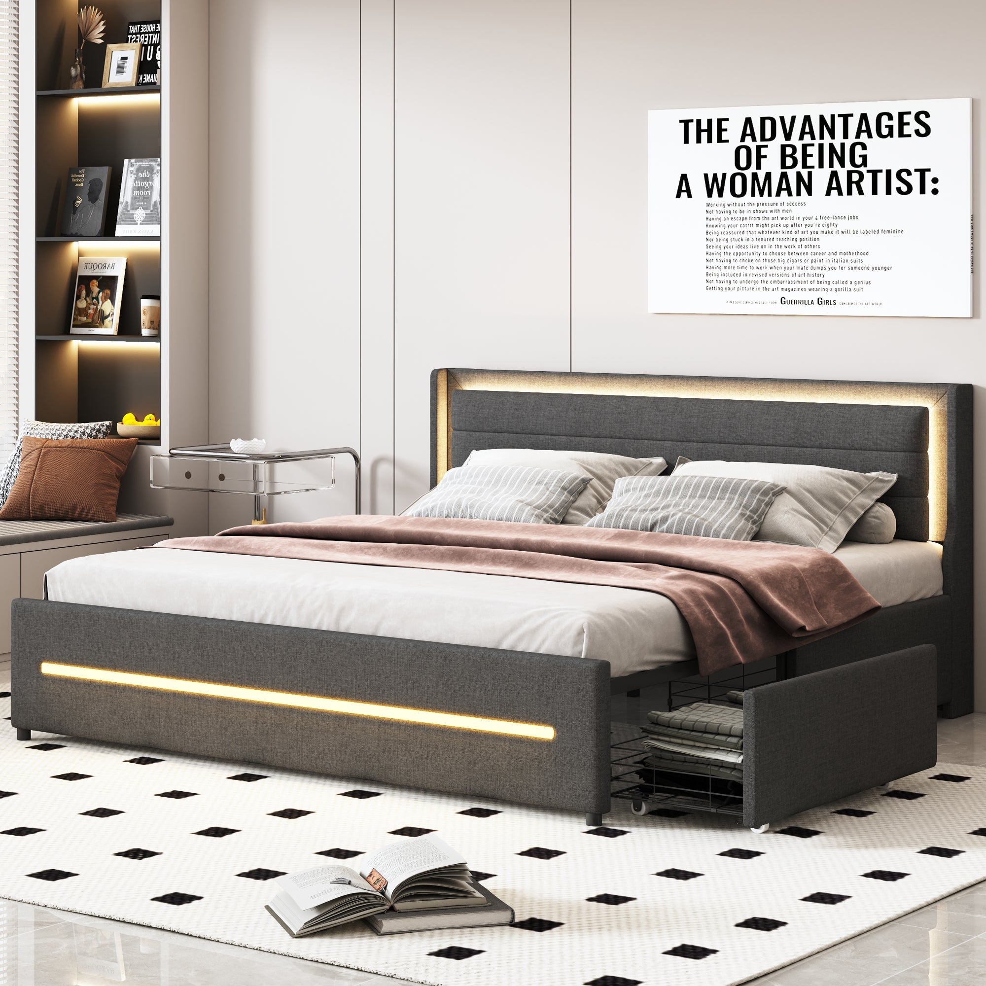 Logidon gestoffeerd bed 180x200 met LED verlichting en 4 opbergvakken grijs