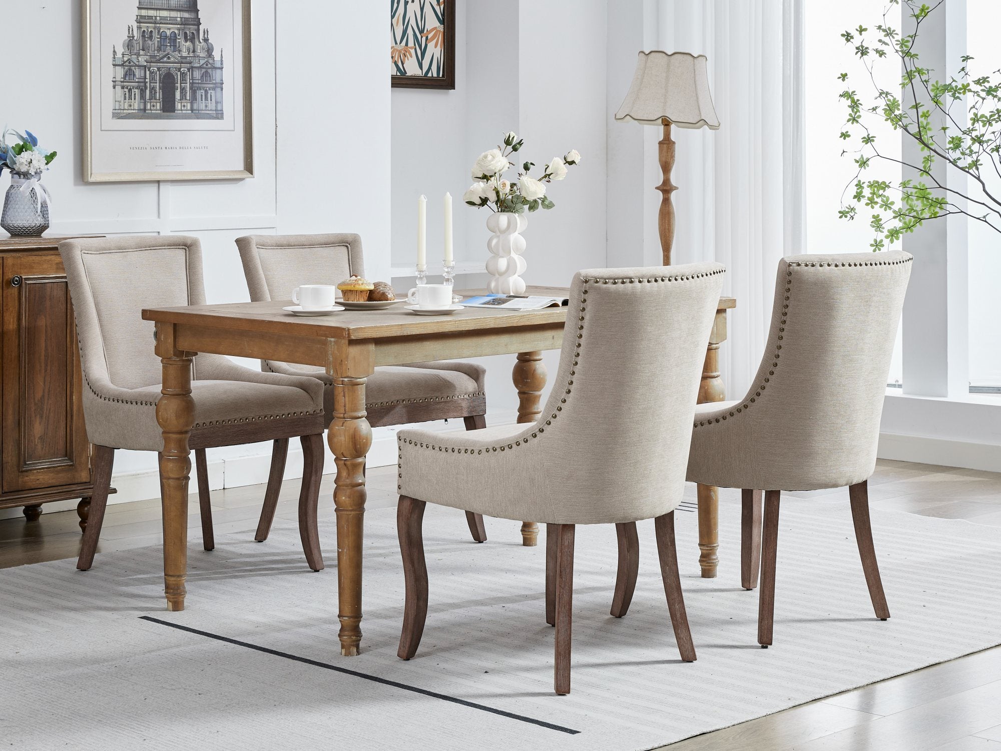 Logidon Ultra Side Dining Chair Beige Set Of 2 Bronze Nail Studs