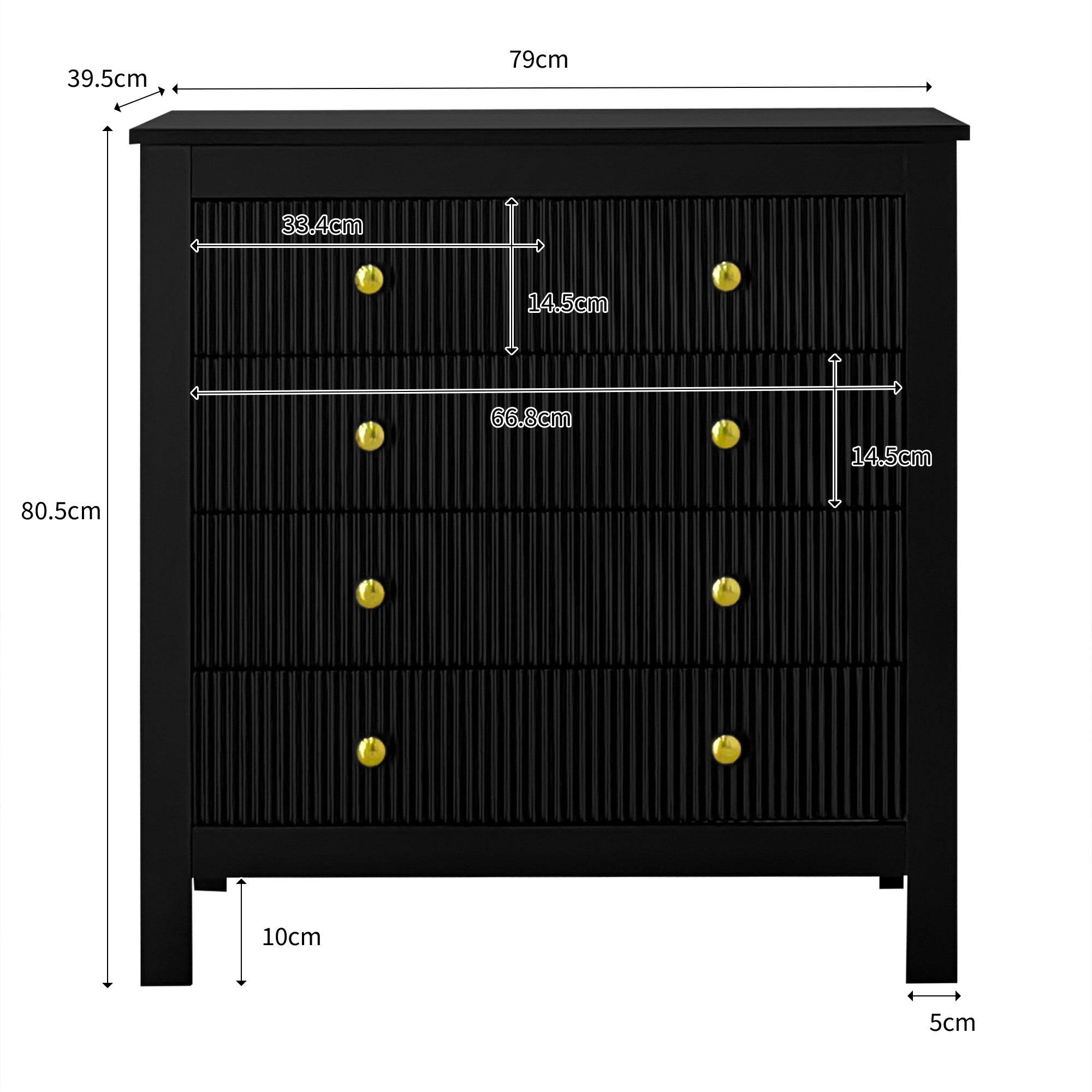 Logidon Dressoir 5 Laden Zwarte Ladekast Met Gouden Handgrepen 79 cm