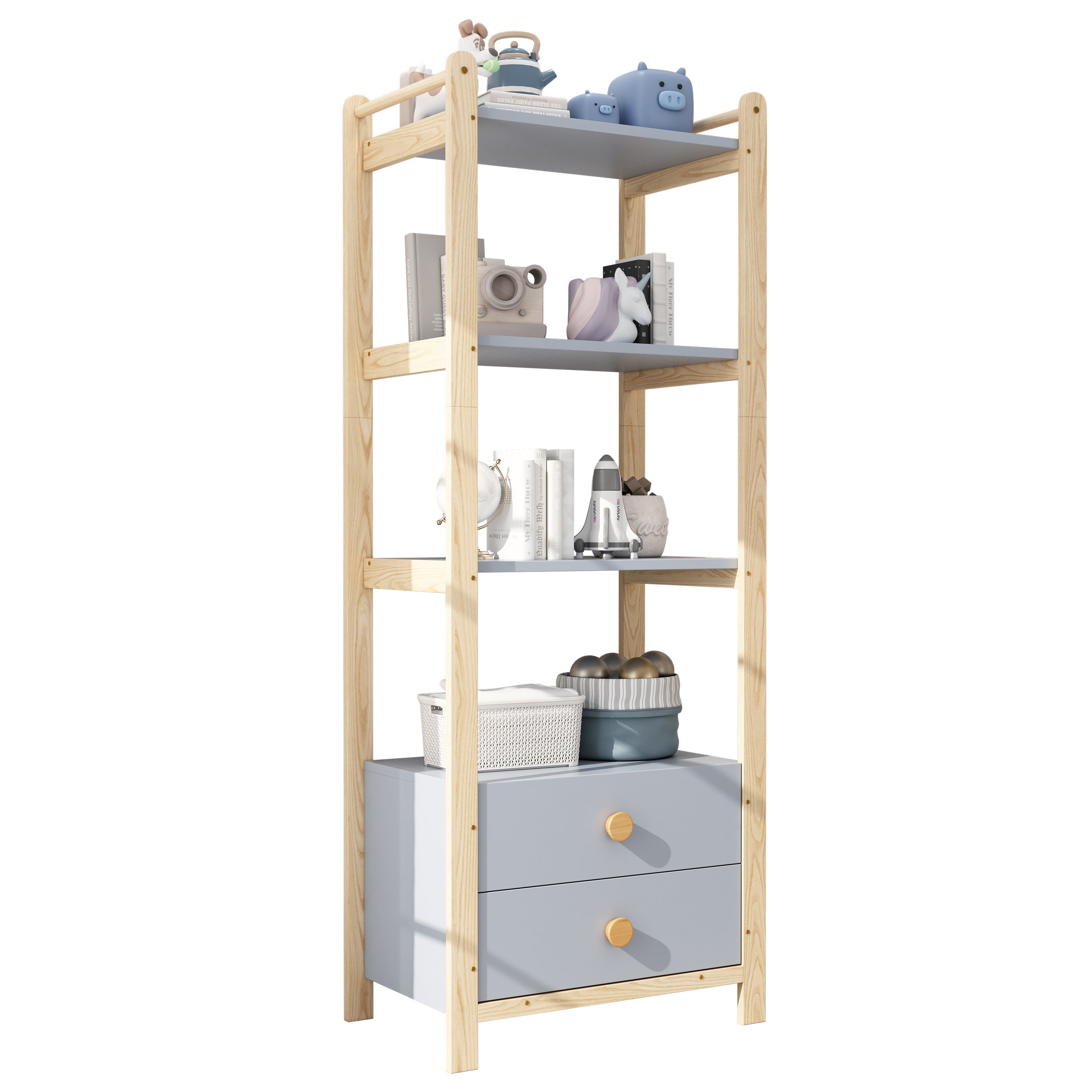 Logidon staande plank blauw naturel hout 2 lades 4 niveaus 70x44x180