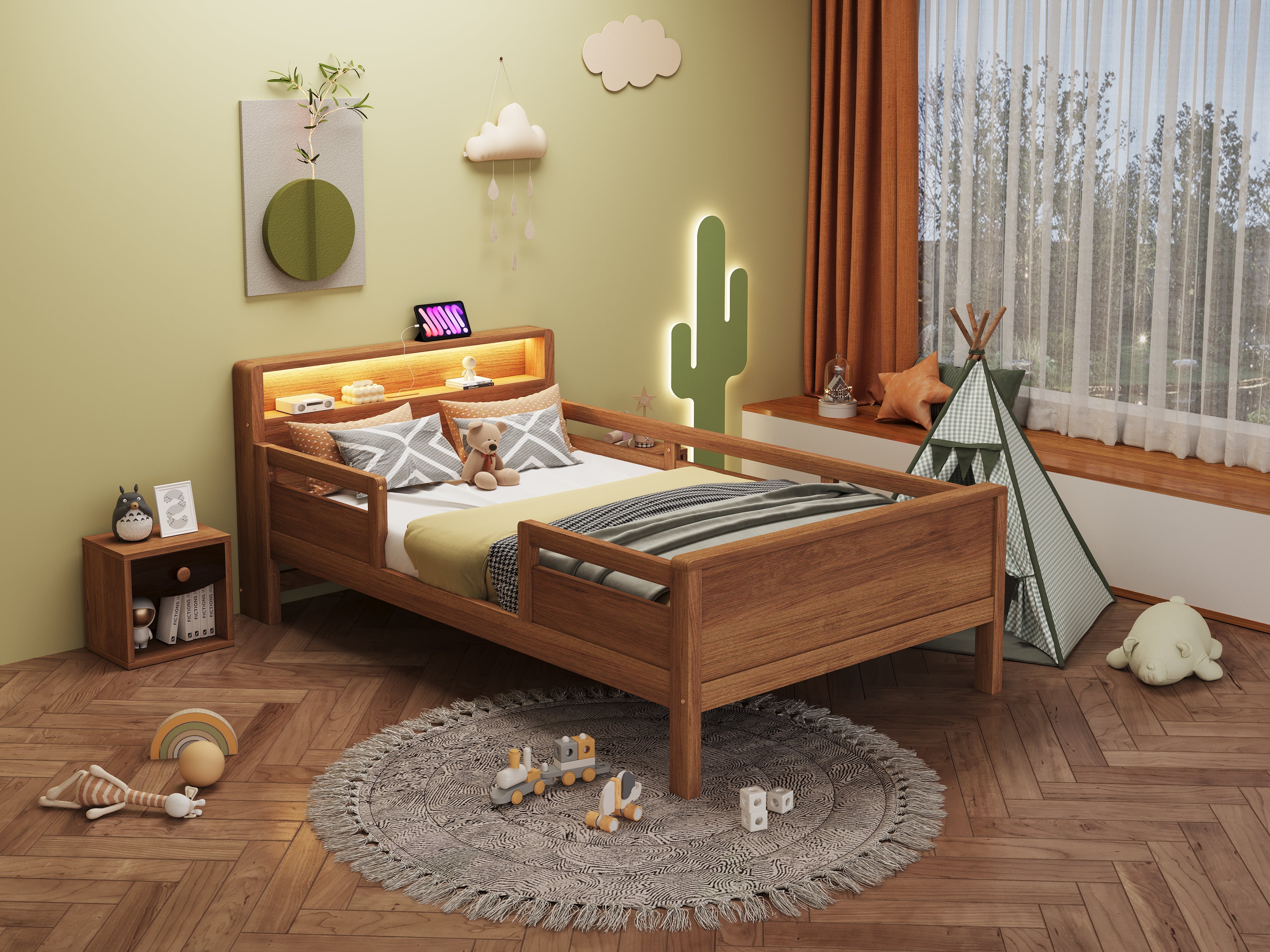 Logidon houten bed 90x200 cm naturel met USB-C stopcontact en LED