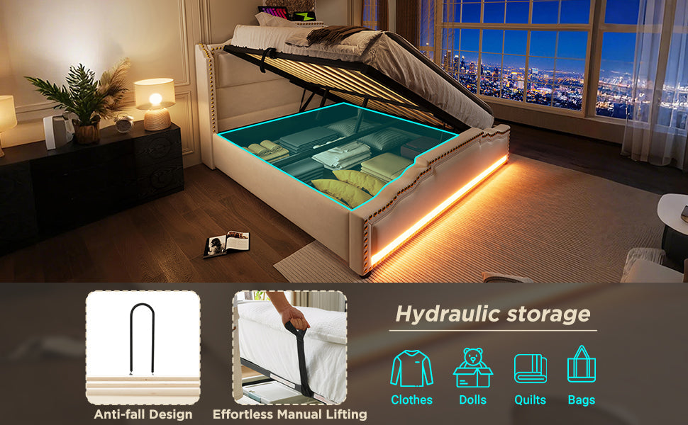 Logidon gestoffeerd bed 140x200 tweepersoonsbed hydraulische opbergruimte LED beige