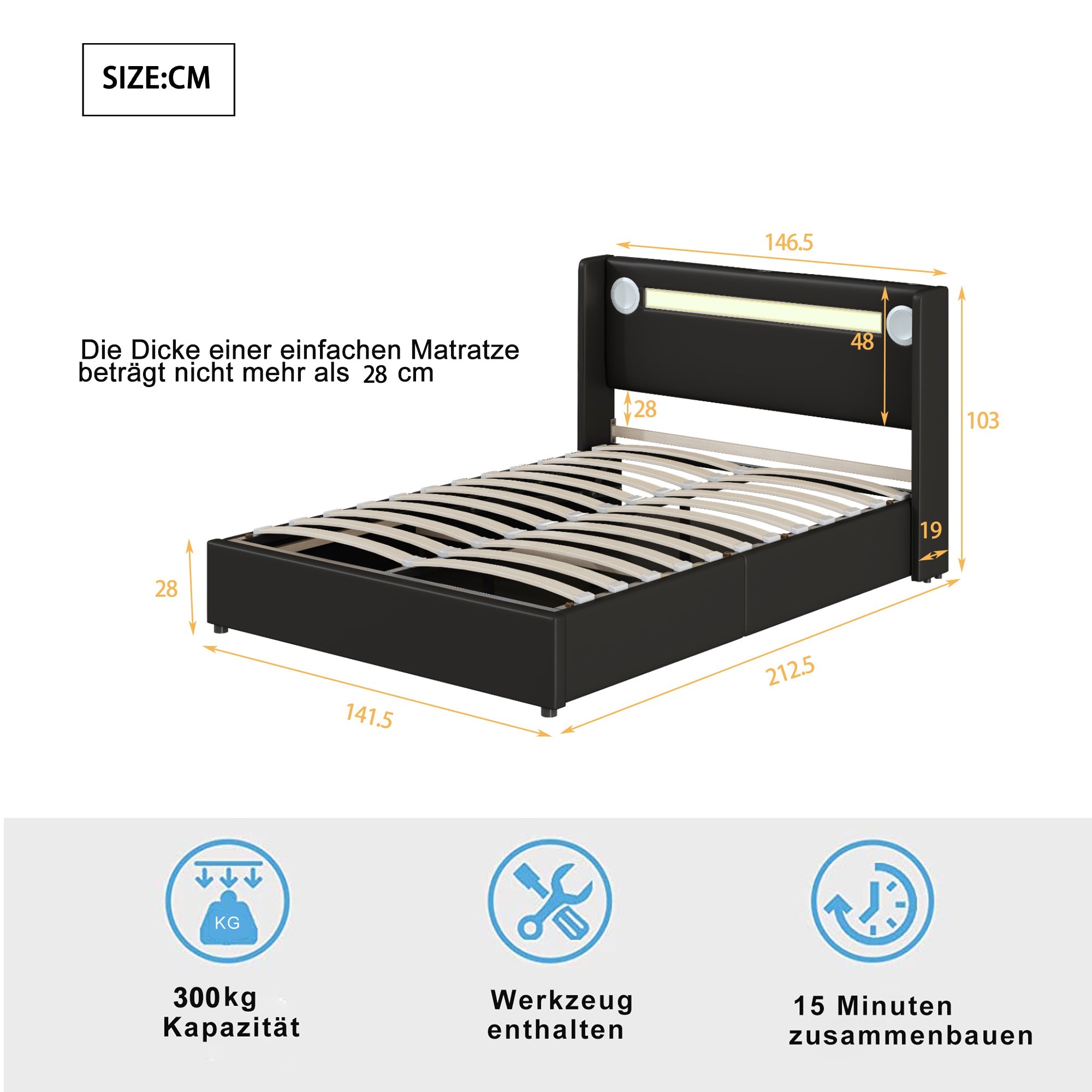 Logidon gestoffeerd bed 140x200 zwart met LED lichtstrip Bluetooth en USB