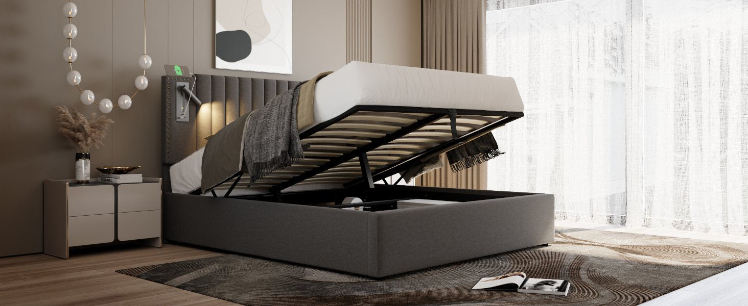 Logidon gestoffeerd bed 160x200 met opbergruimte en USB-leesapparaat lichtgrijs