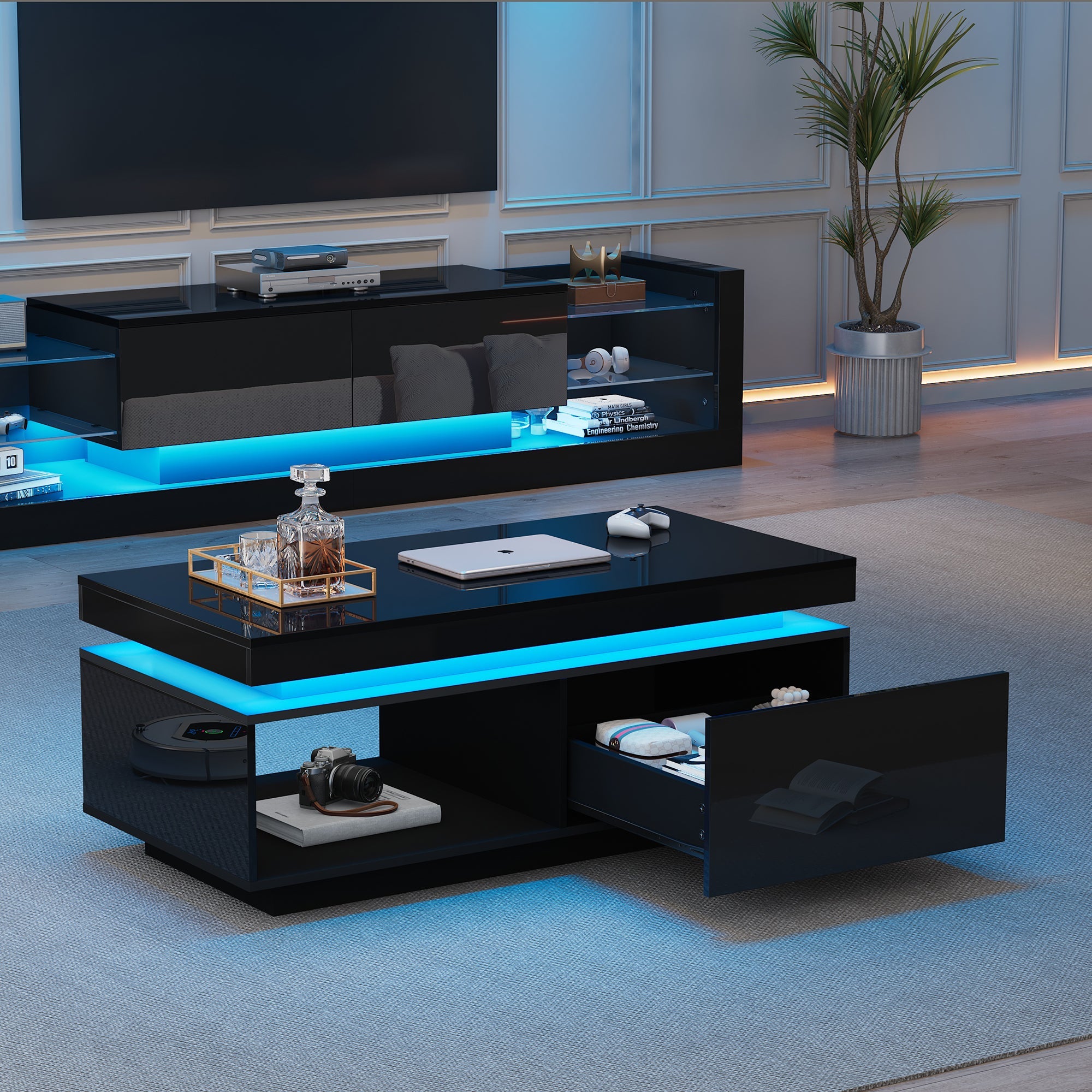 Logidon TV wall cabinet set black high gloss with LED lighting 181cm
