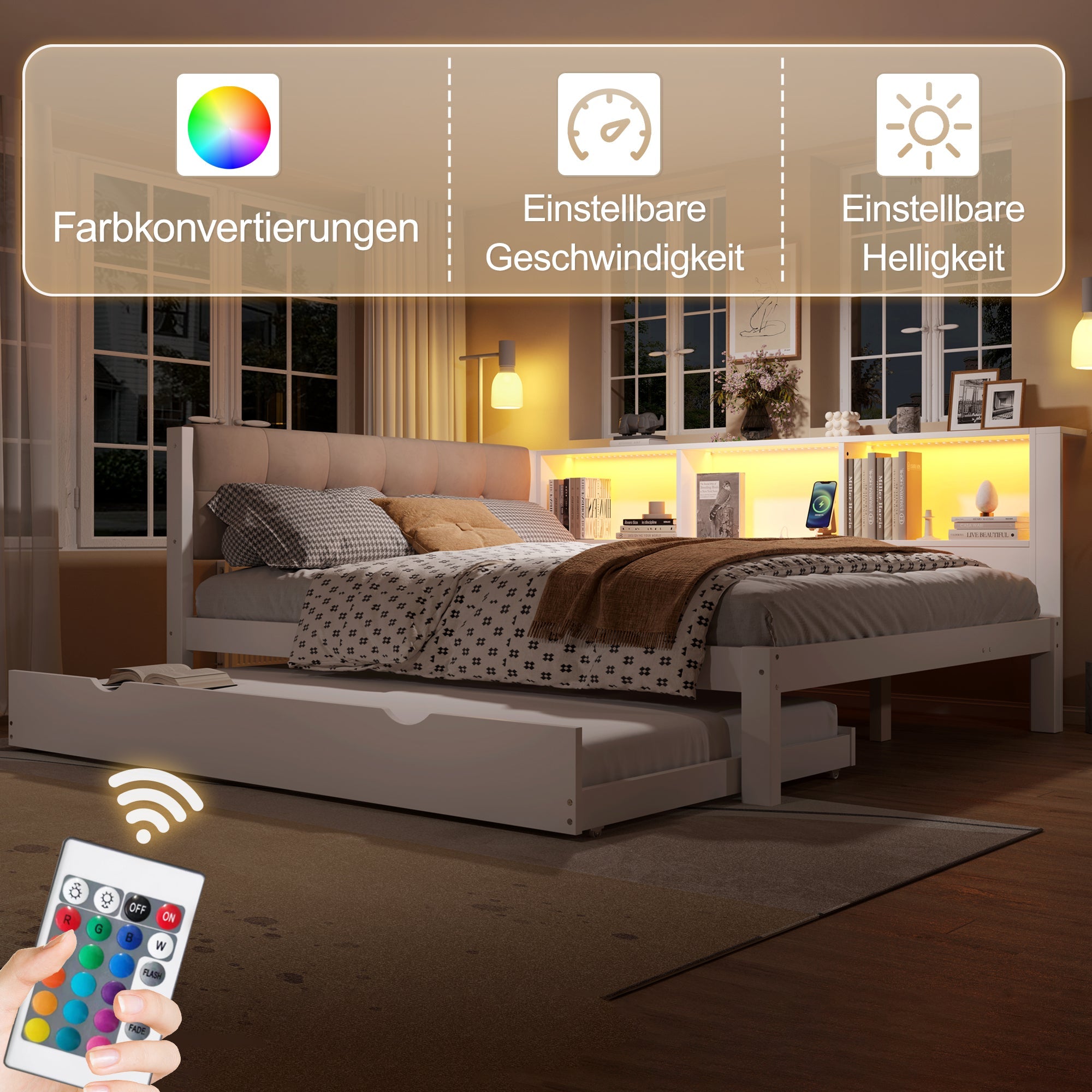 Logidon daybed wit 140x200 CM met uitschuifbaar bed LED-verlichting