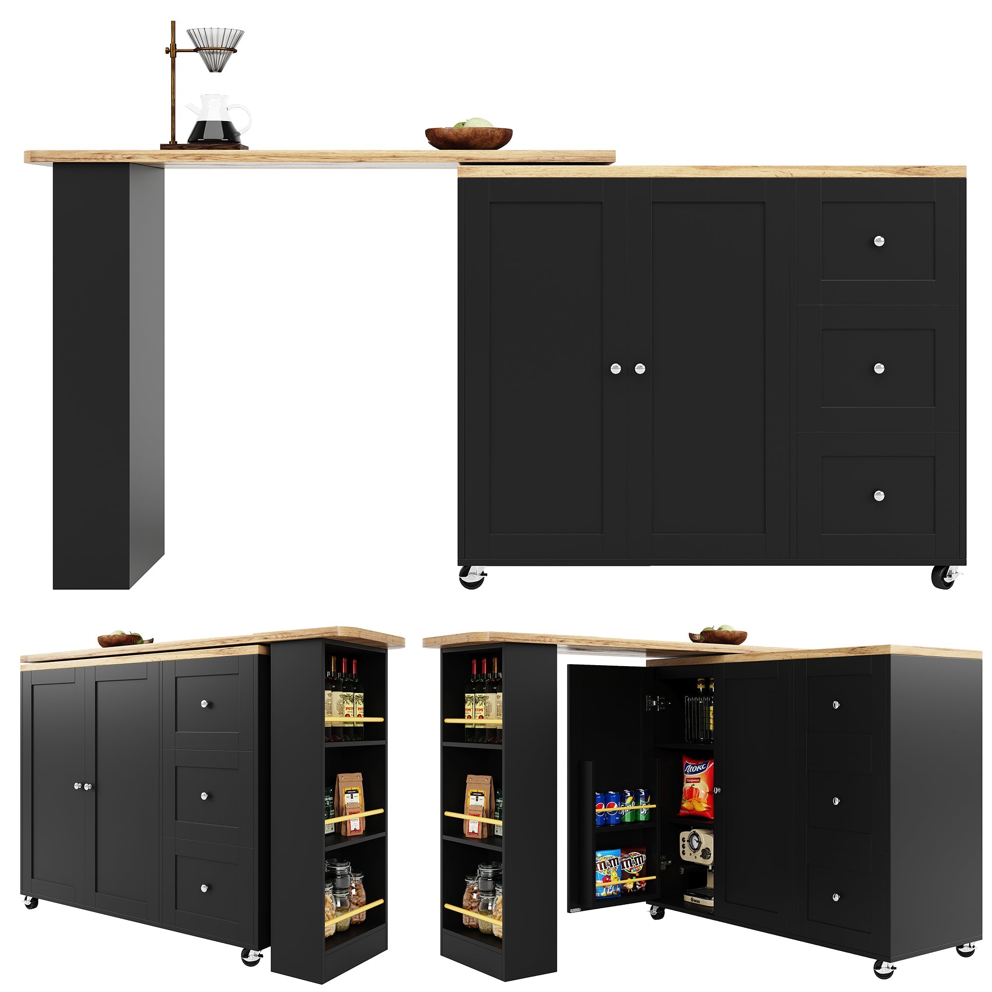 Logidon 360 graden draaibare eettafel zwart 138-209x39x104 met wielen