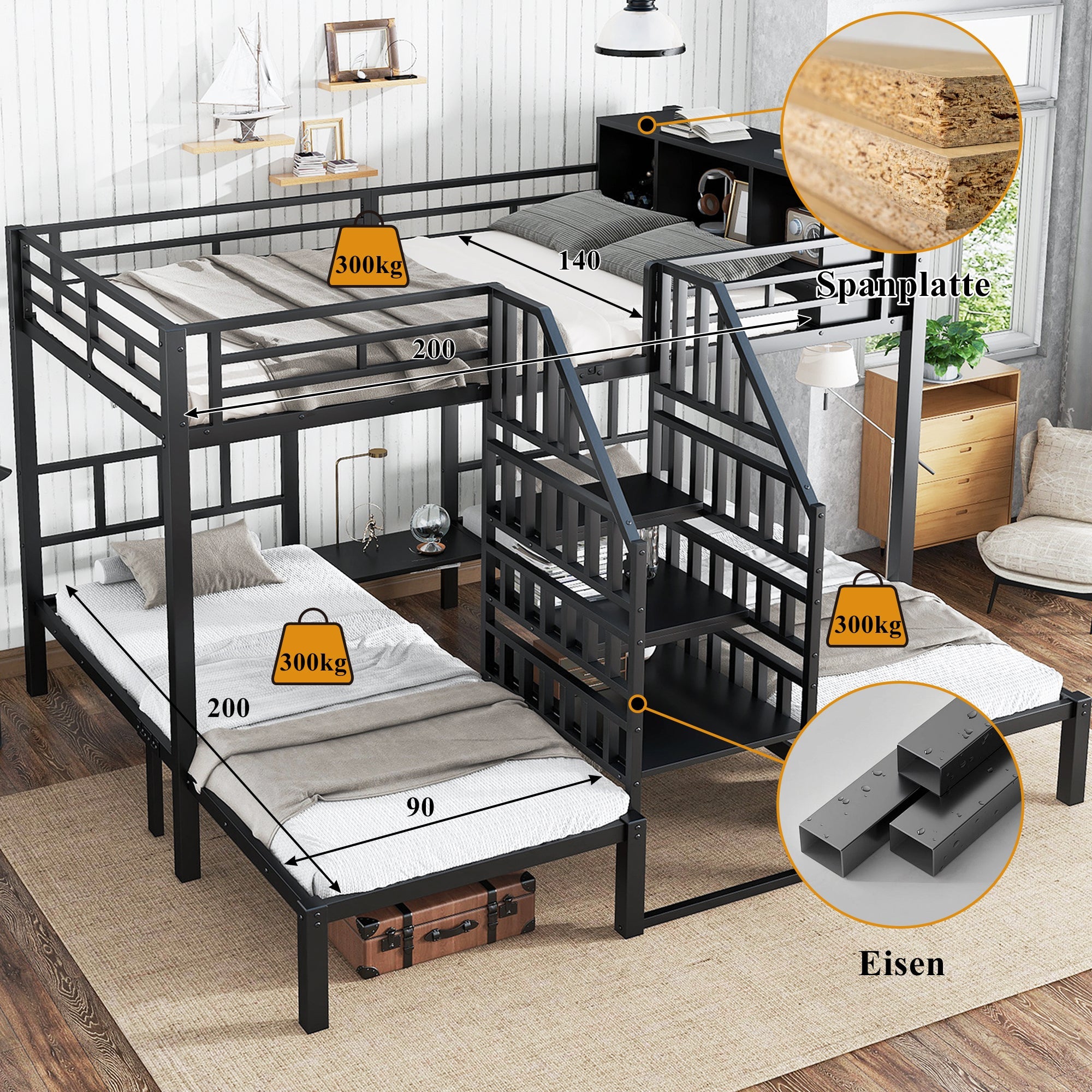 Logidon stapelbed ijzer zwart met drie slaapplaatsen 90x200cm