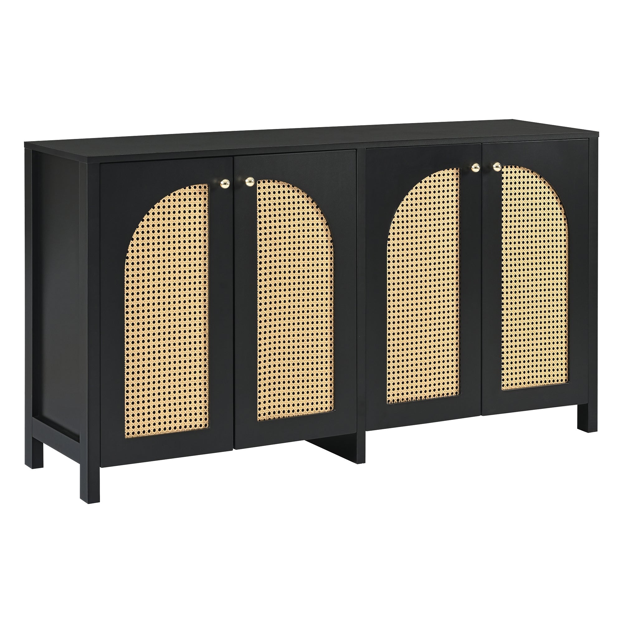 Logidon Dressoir Zwart Met Rotan Deuren Modern Buffet 145x40x80