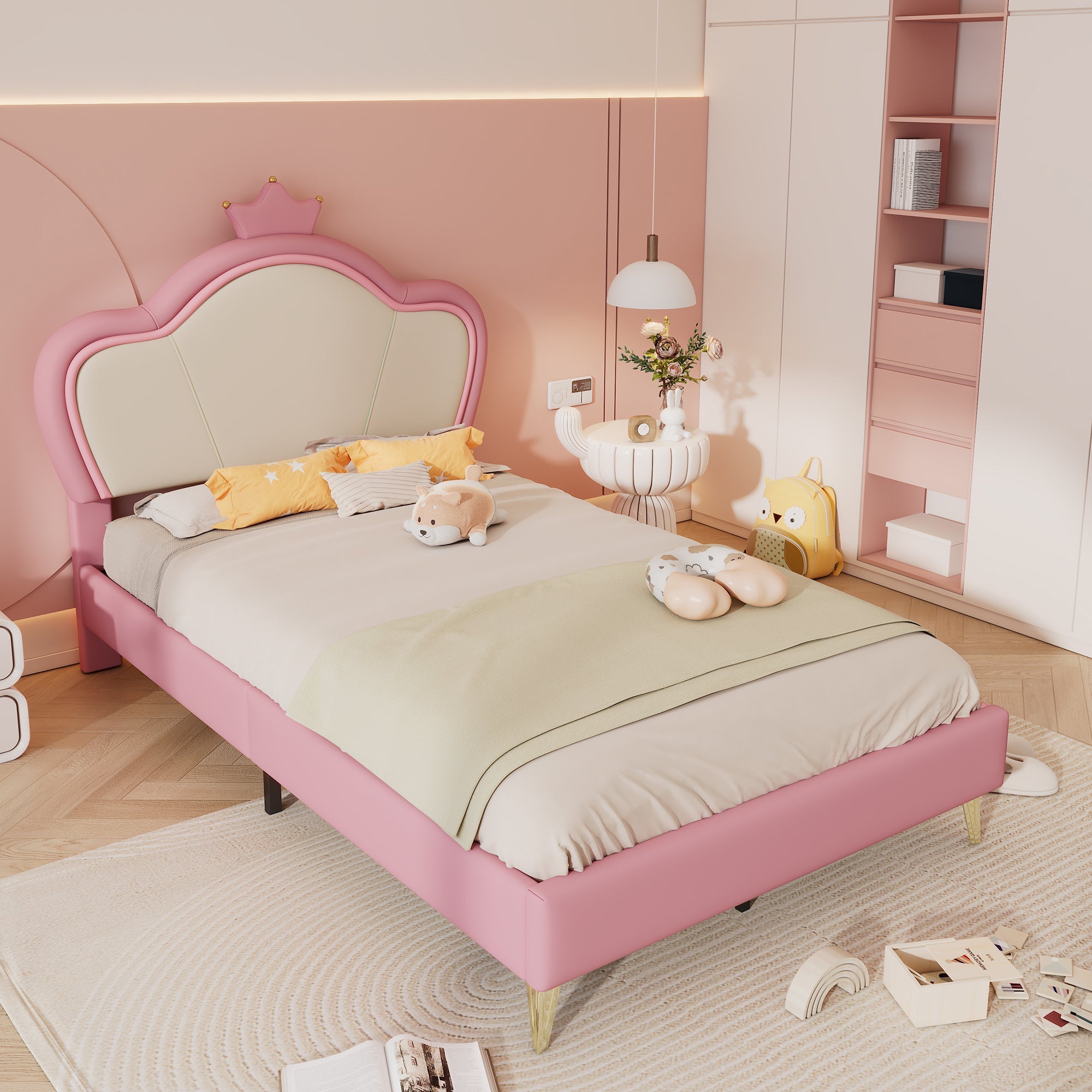 Logidon gestoffeerd bed kinderbed 90x200cm roze wit met kroonhoofdbord